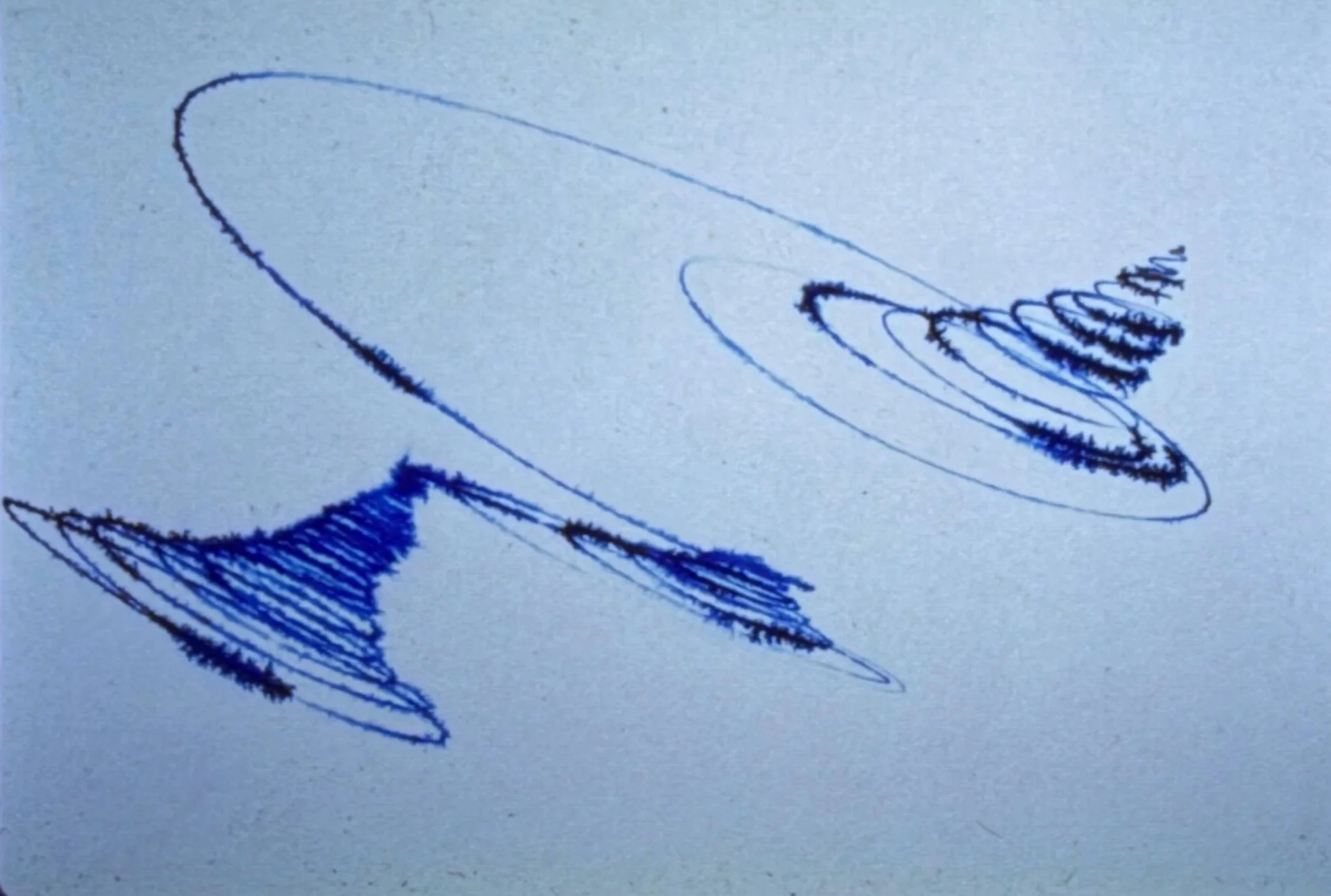 Minimalist composition of blue spirals connected by long curving lines.
