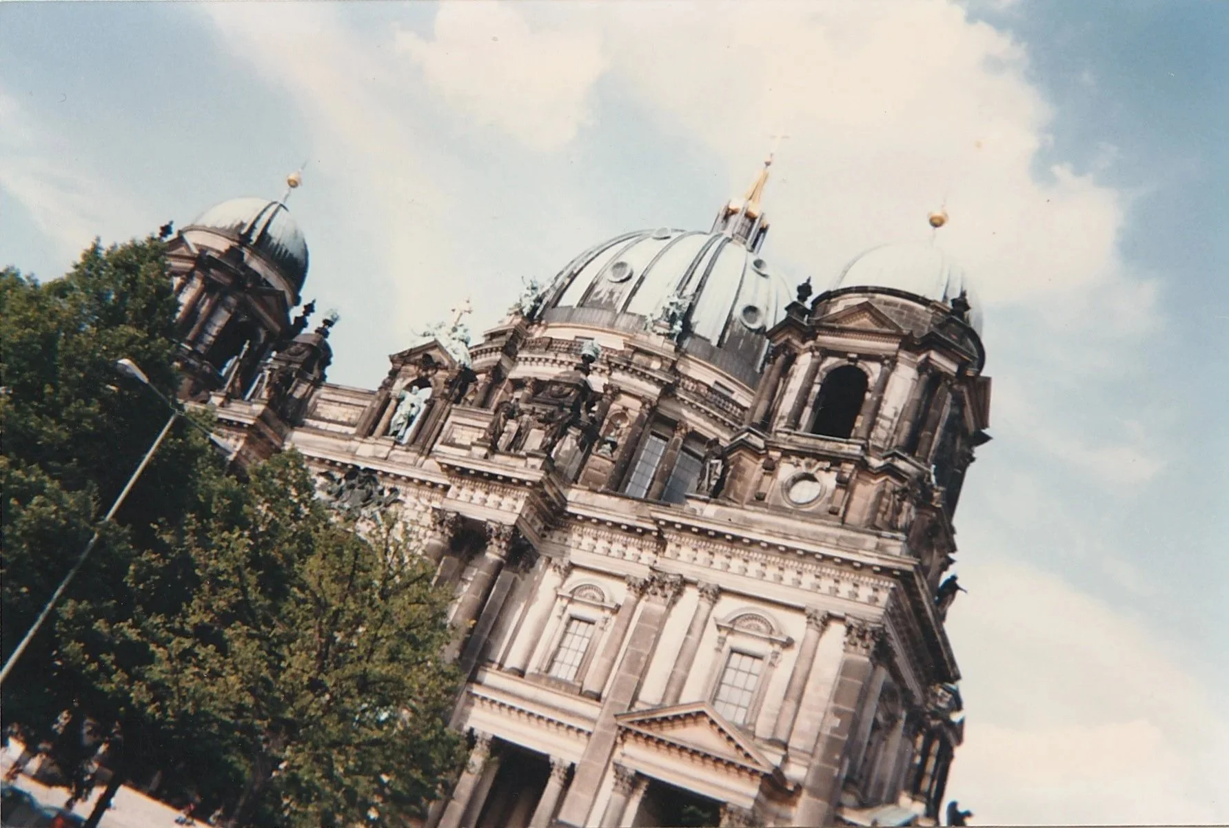 Dramatic view of a domed cathedral rising above surrounding trees.