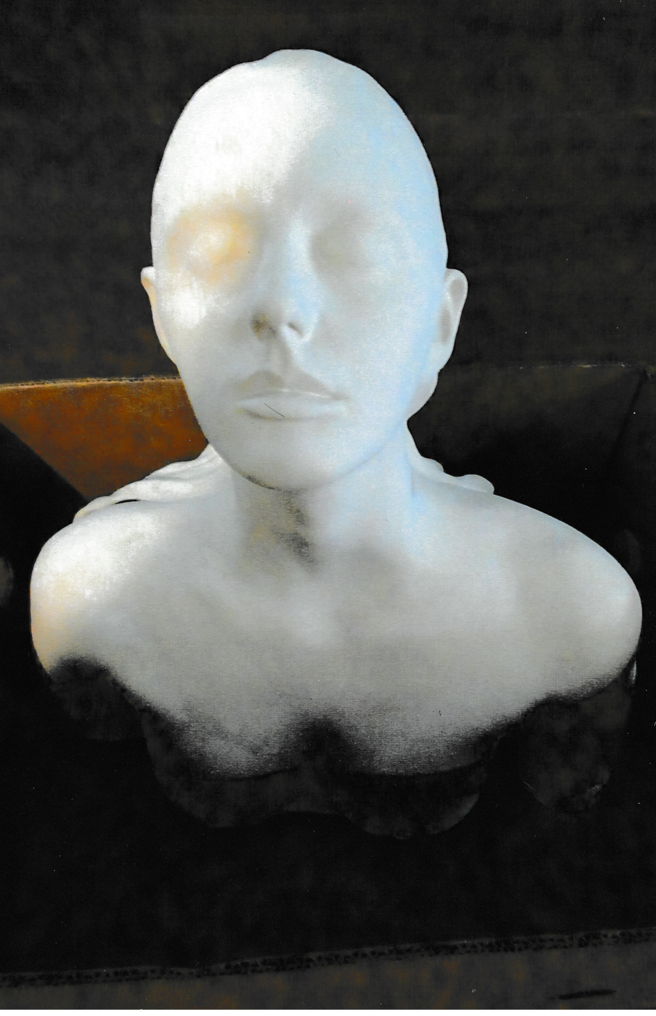 Ceramic life cast portrait of a young woman emerging from a dark background, with smooth facial features and unfinished shoulders.