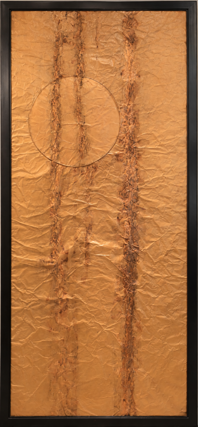 A circular form intersects vertical lines across a textured copper field. Shown close up in a black frame.