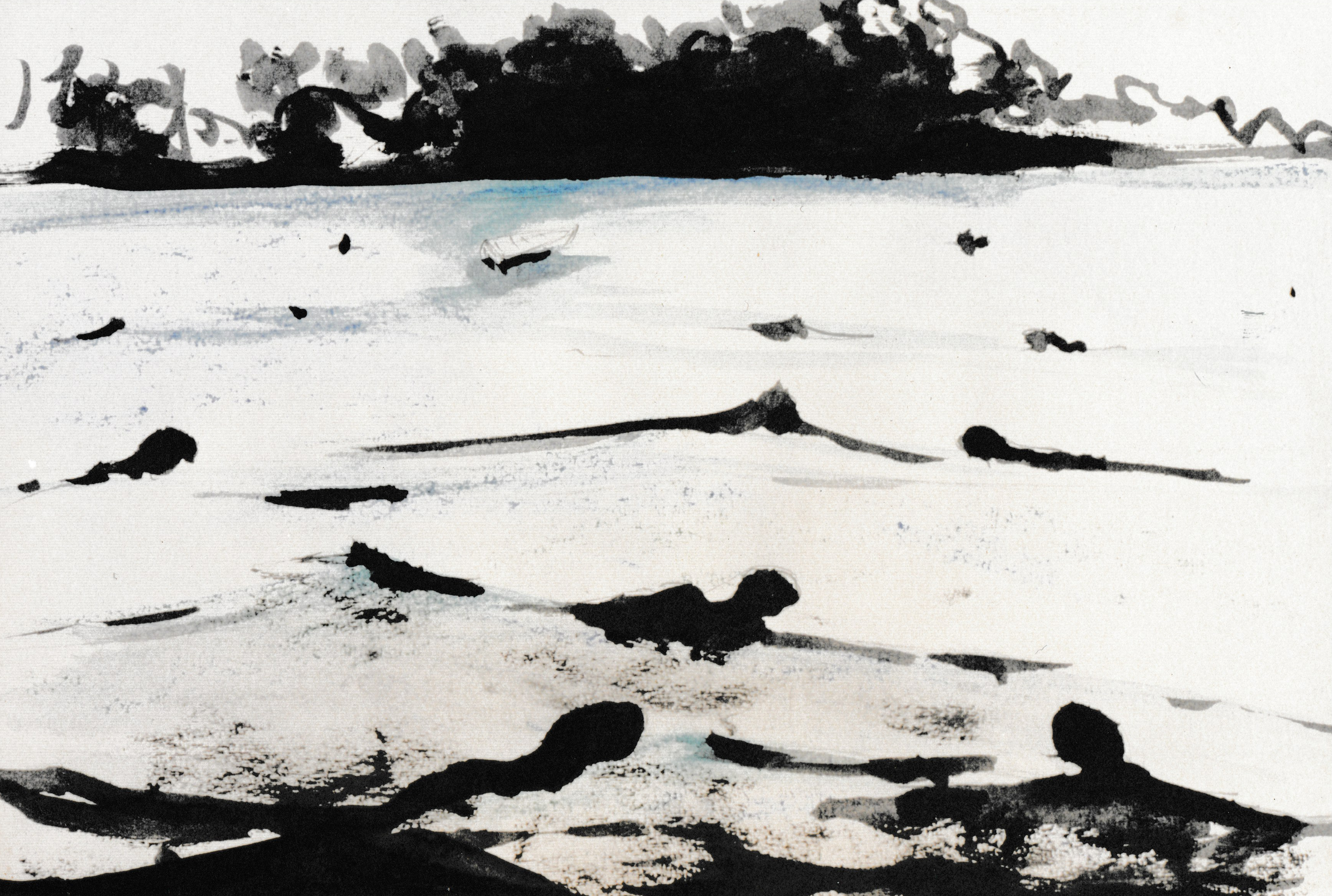 Minimalist seascape with dark figures floating in calm water beneath a distant shoreline.