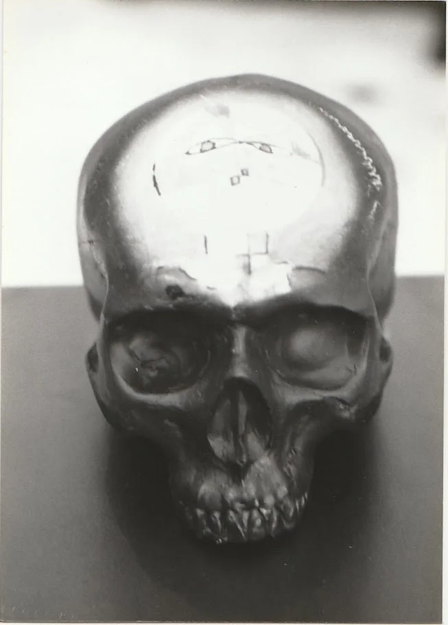 A black and white close-up view of a skull sculpture resting on a pedestal, shown from the front with deeply recessed eye sockets and a smooth, rounded cranium. The forehead contains a painting.