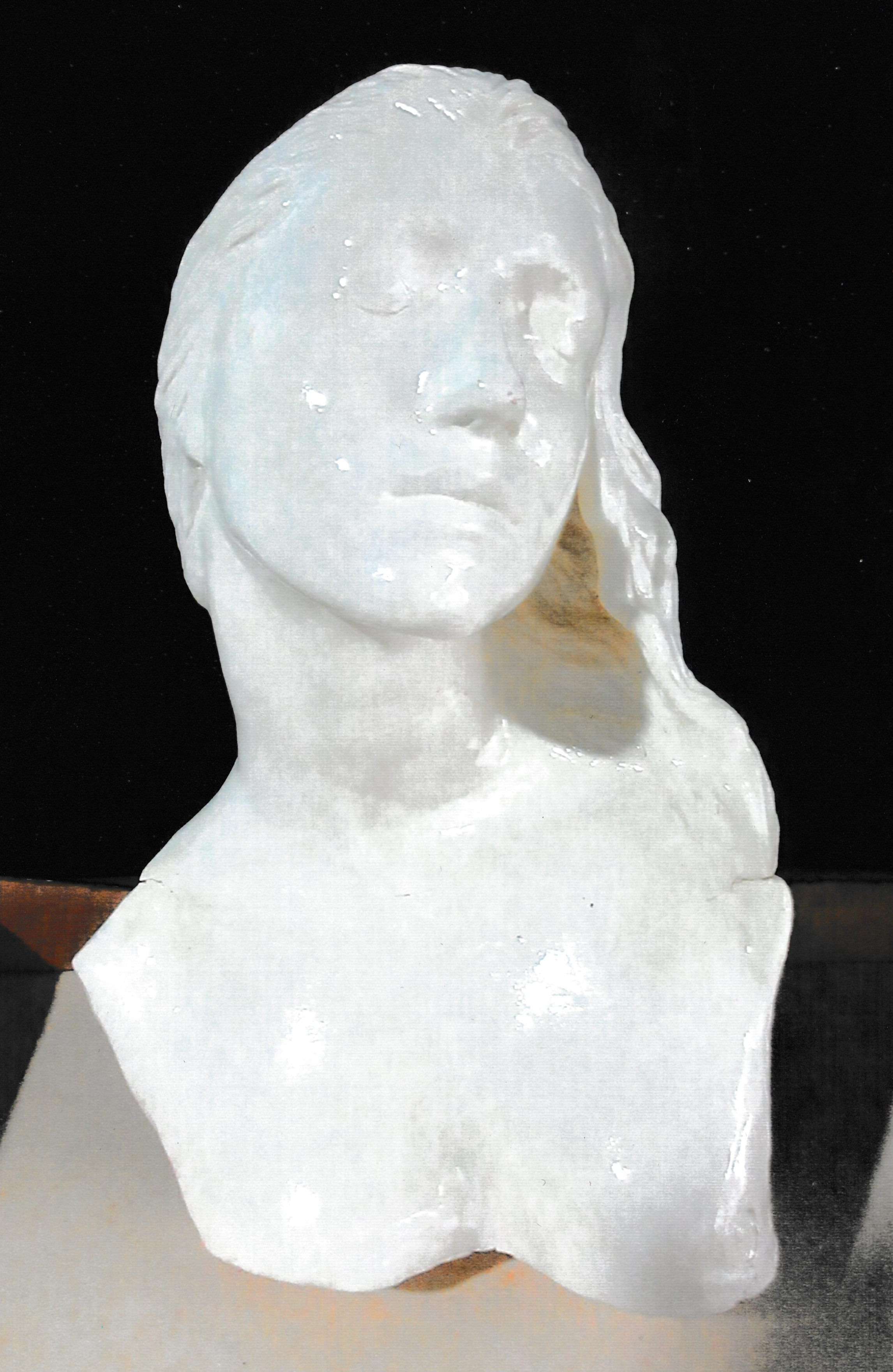 Ceramic life cast bust turned slightly to one side, with flowing hair gathered over one shoulder.