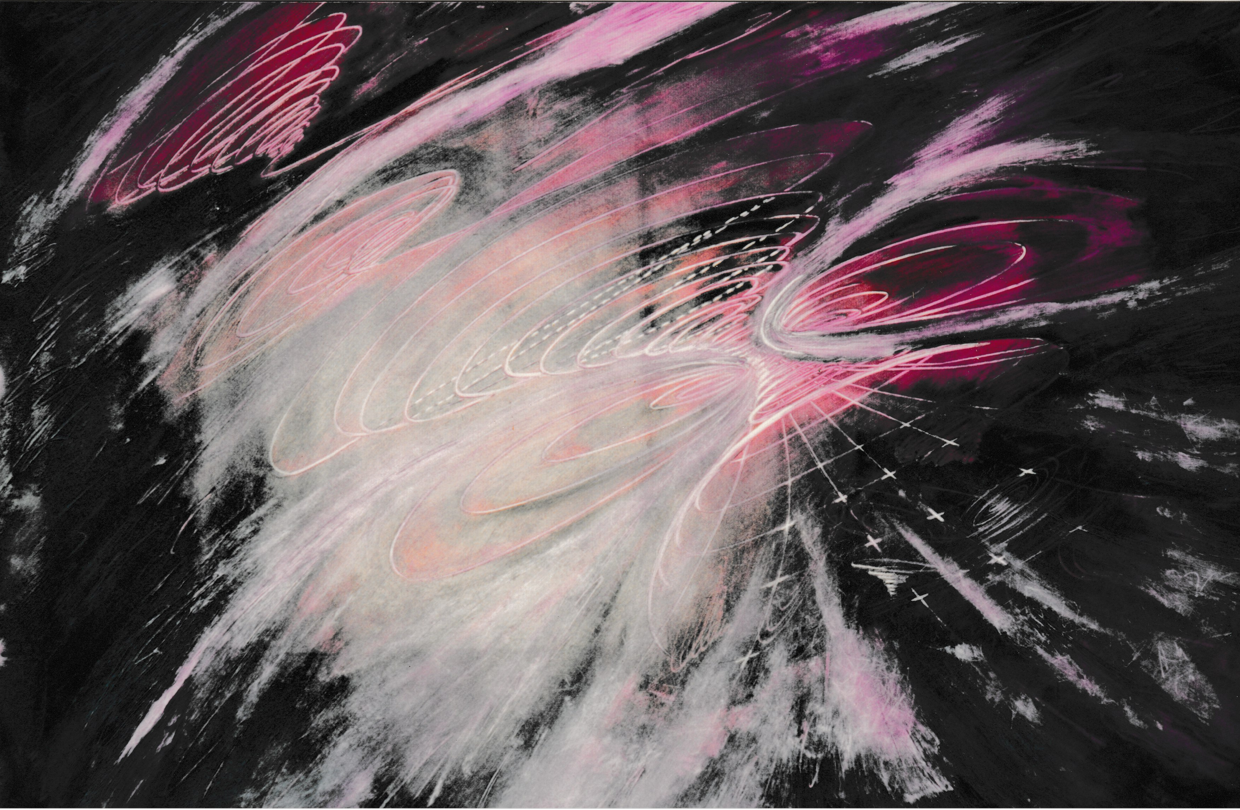 Large sweeping white and pink spiral forms radiating across a black field.