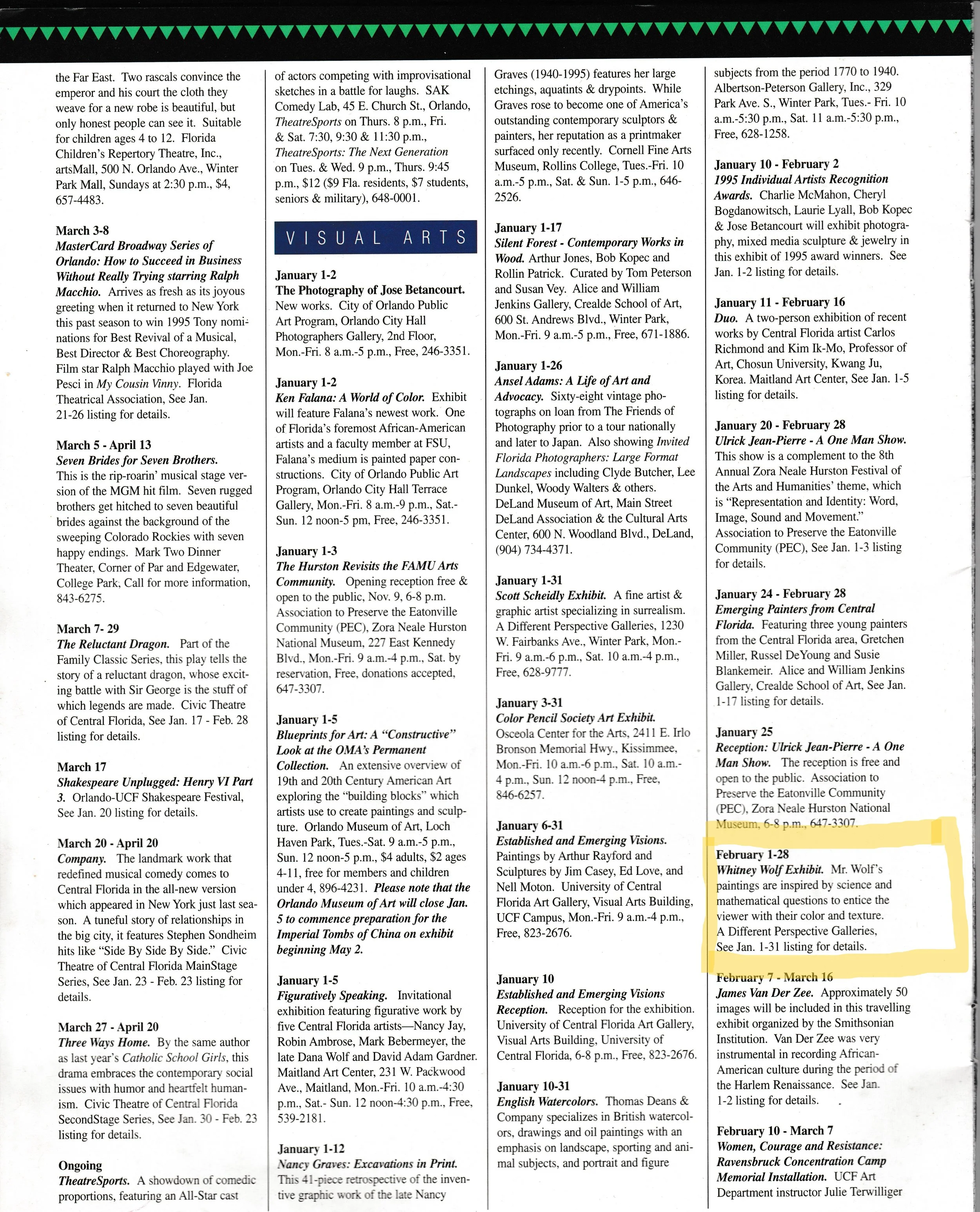 This is a close-up of a printed newspaper section showing art and cultural event listings. The section includes event dates, titles, descriptions, locations, and times, with some highlighted or bolded text, spanning from January to February.