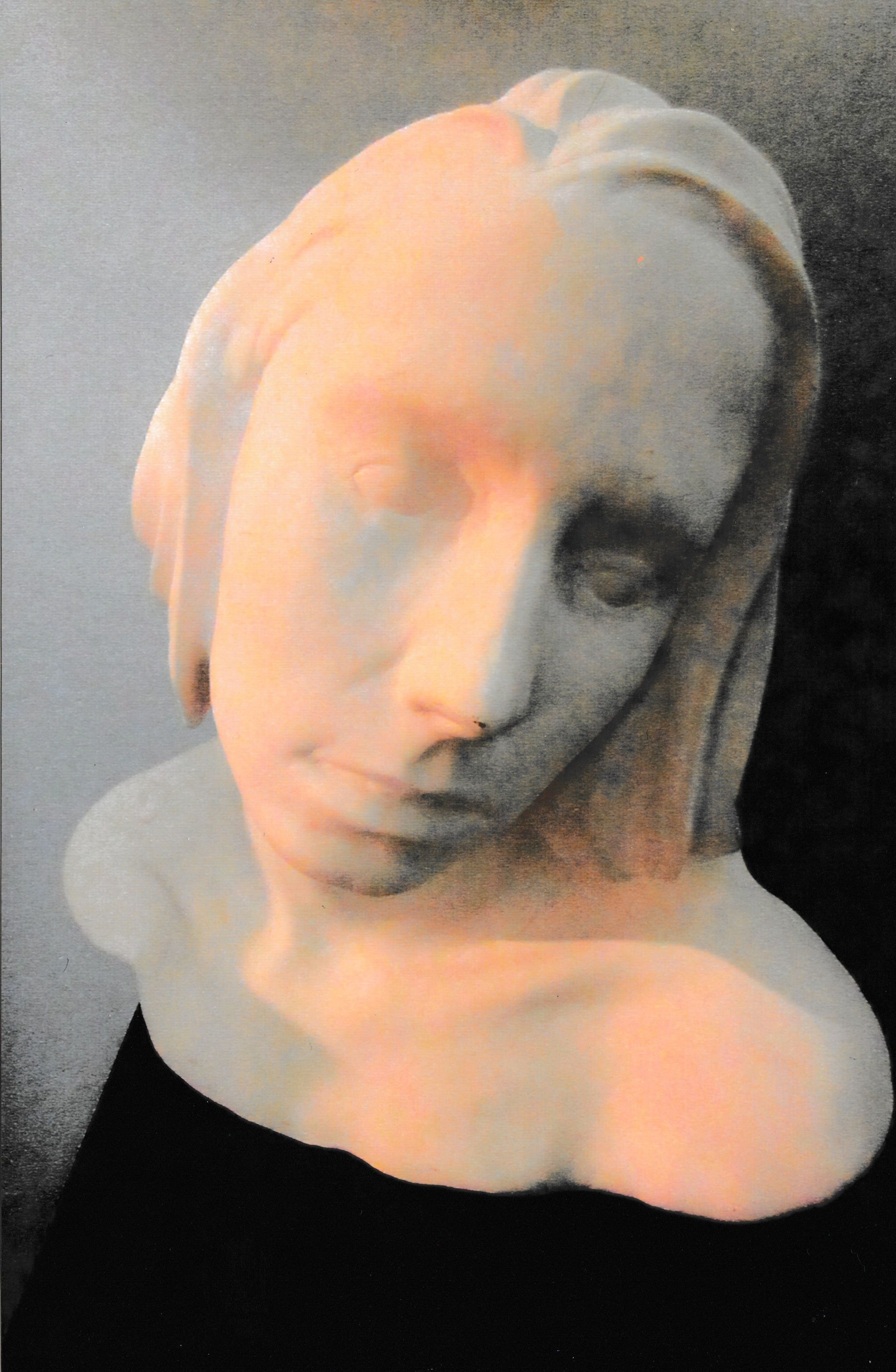Warmly lit ceramic life cast bust of a woman with closed eyes and head gently inclined to one side in a peaceful, dreamlike pose.