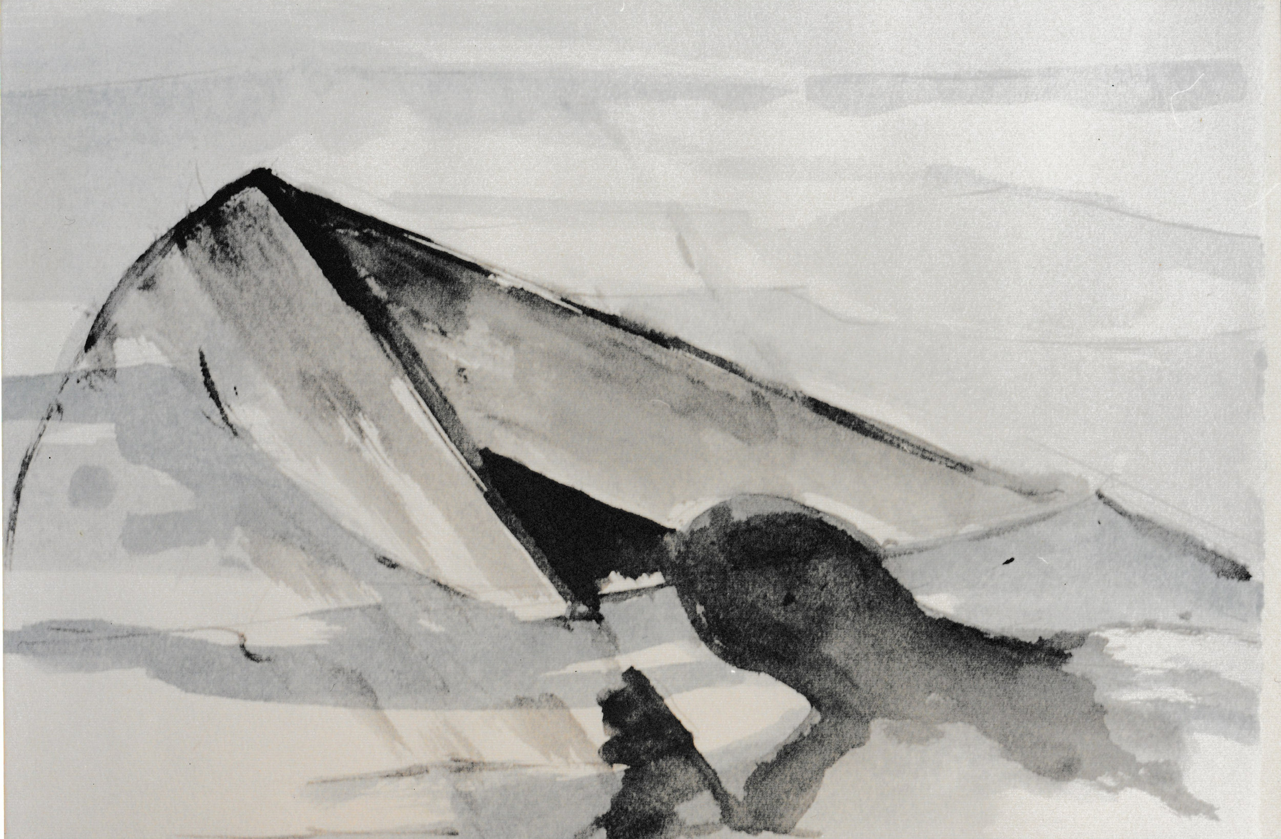 Gray-toned watercolor depicting an overturned boat partially submerged in water with ghost like shadowy human figure drowning beside it.