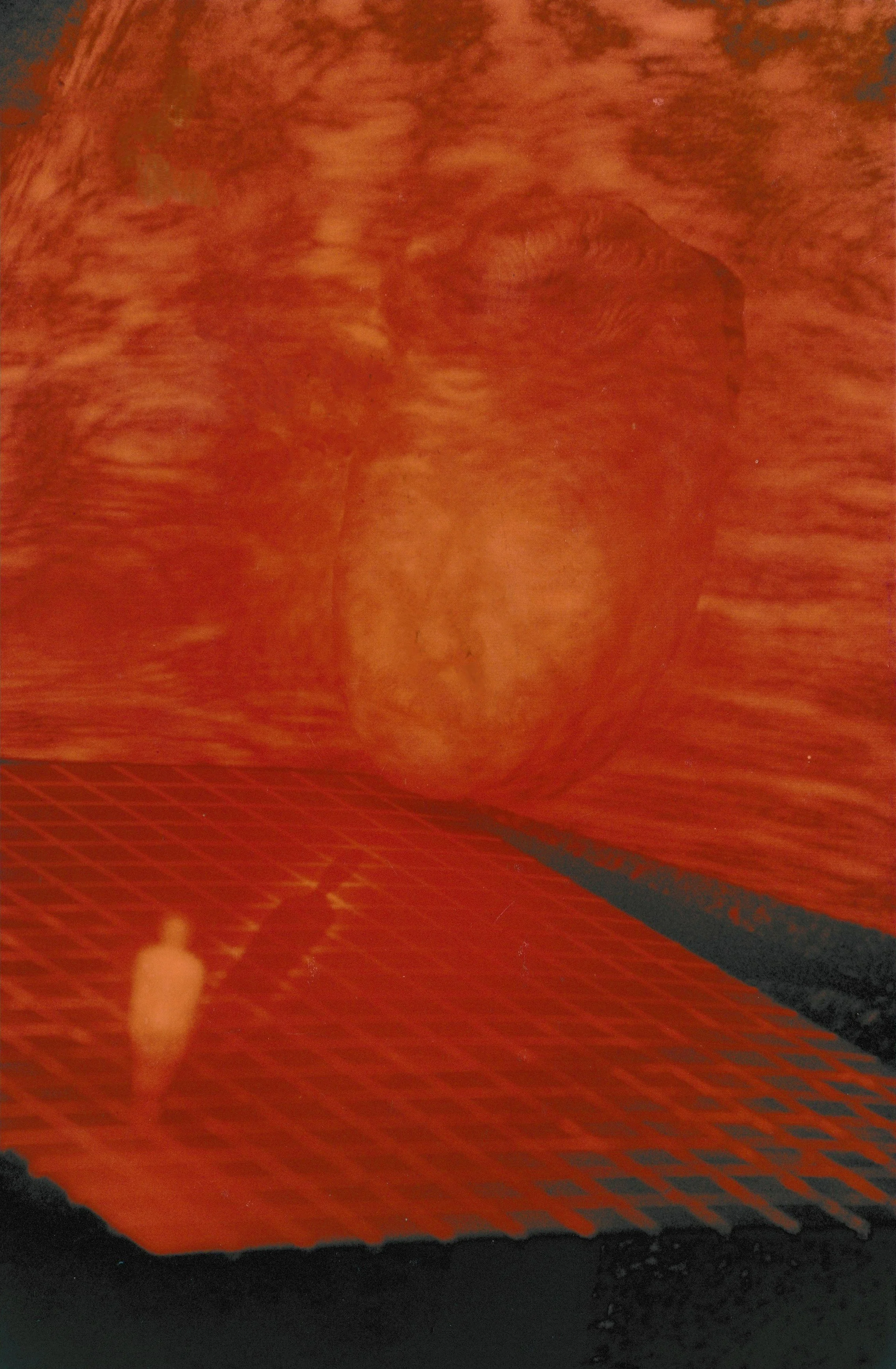 Close-up view of translucent sculptural forms illuminated by red laser light on a gridded platform. A human figure stands to the left, and a giant face and head is projected above the human figure.