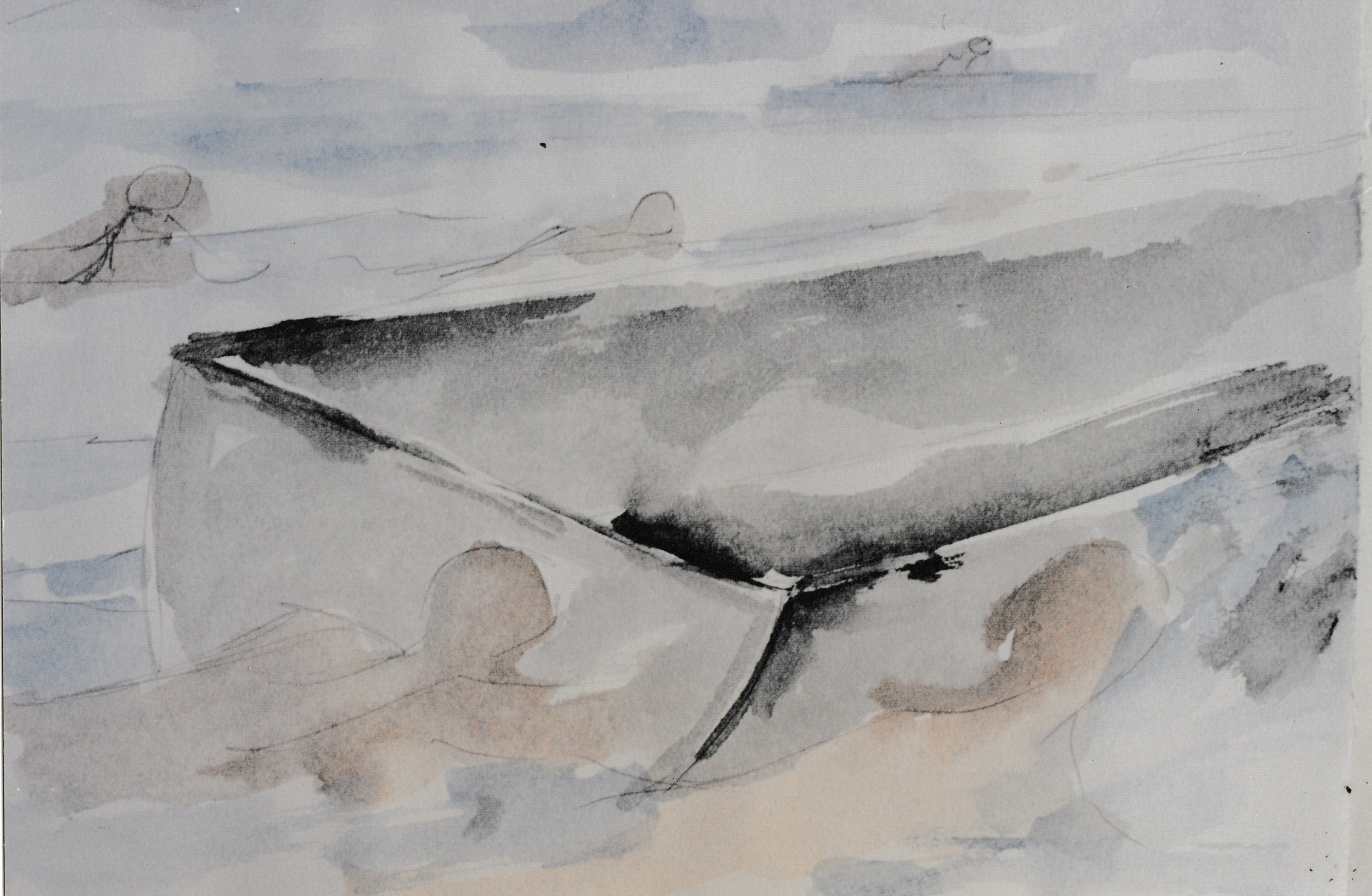 Watercolor painting showing people partially submerged in water beside an overturned boat.