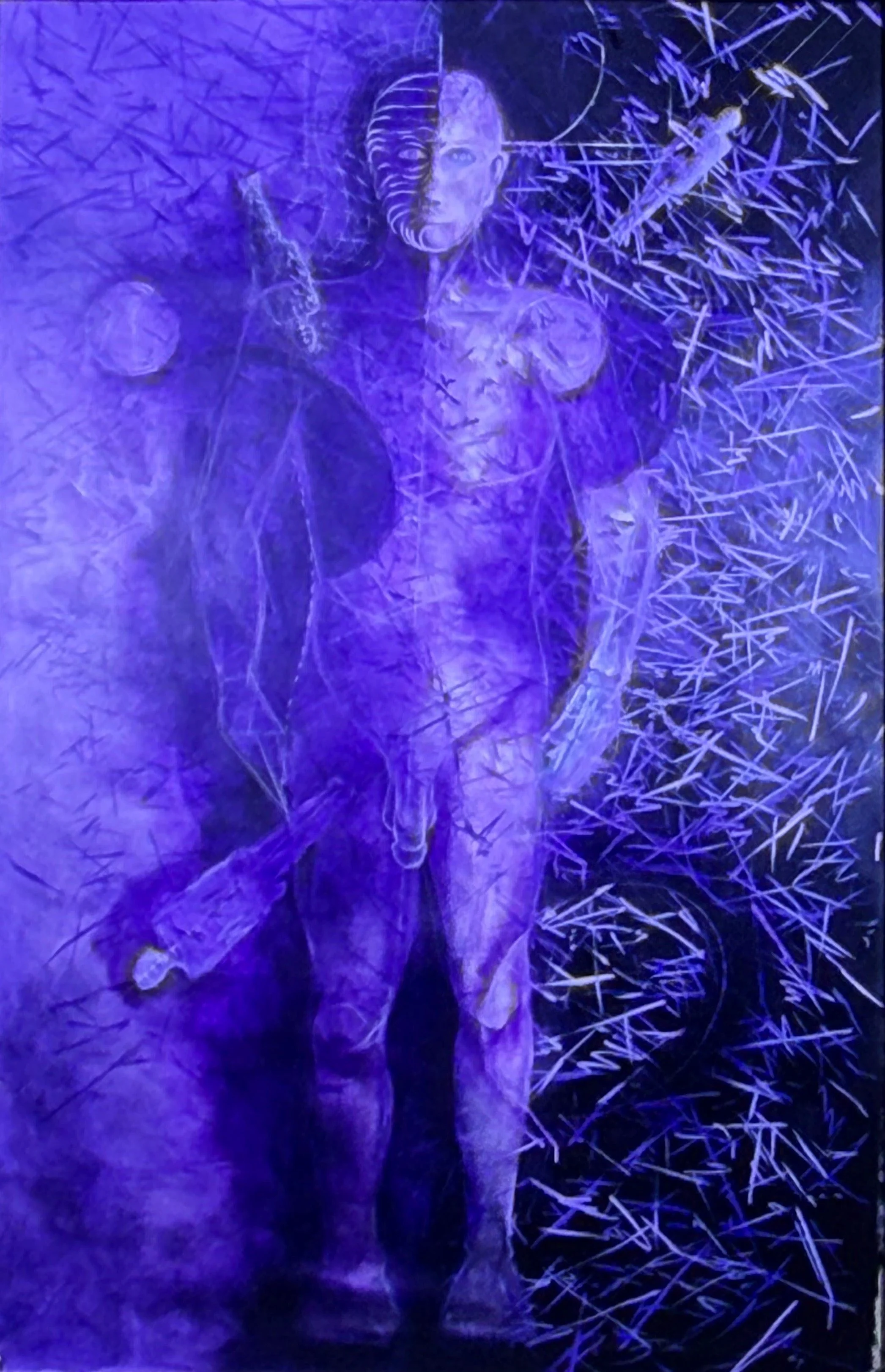 Purple-toned figure emerging from a field of energetic linear marks and textured patterns.