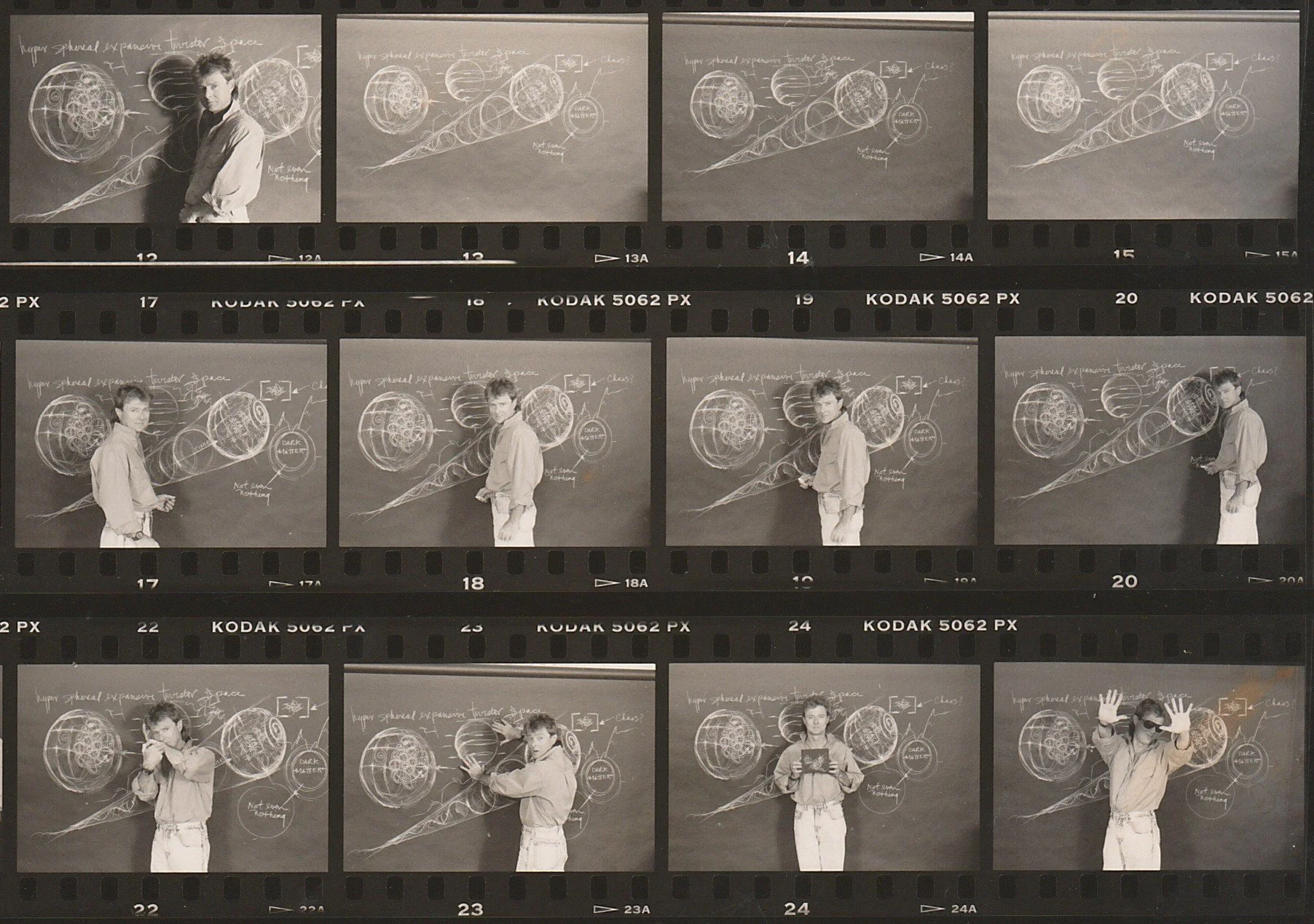 A series of black and white photos of Whitney Wolf in front of a chalk board. The chalk board behind him has quantum physics concepts written in chalk.