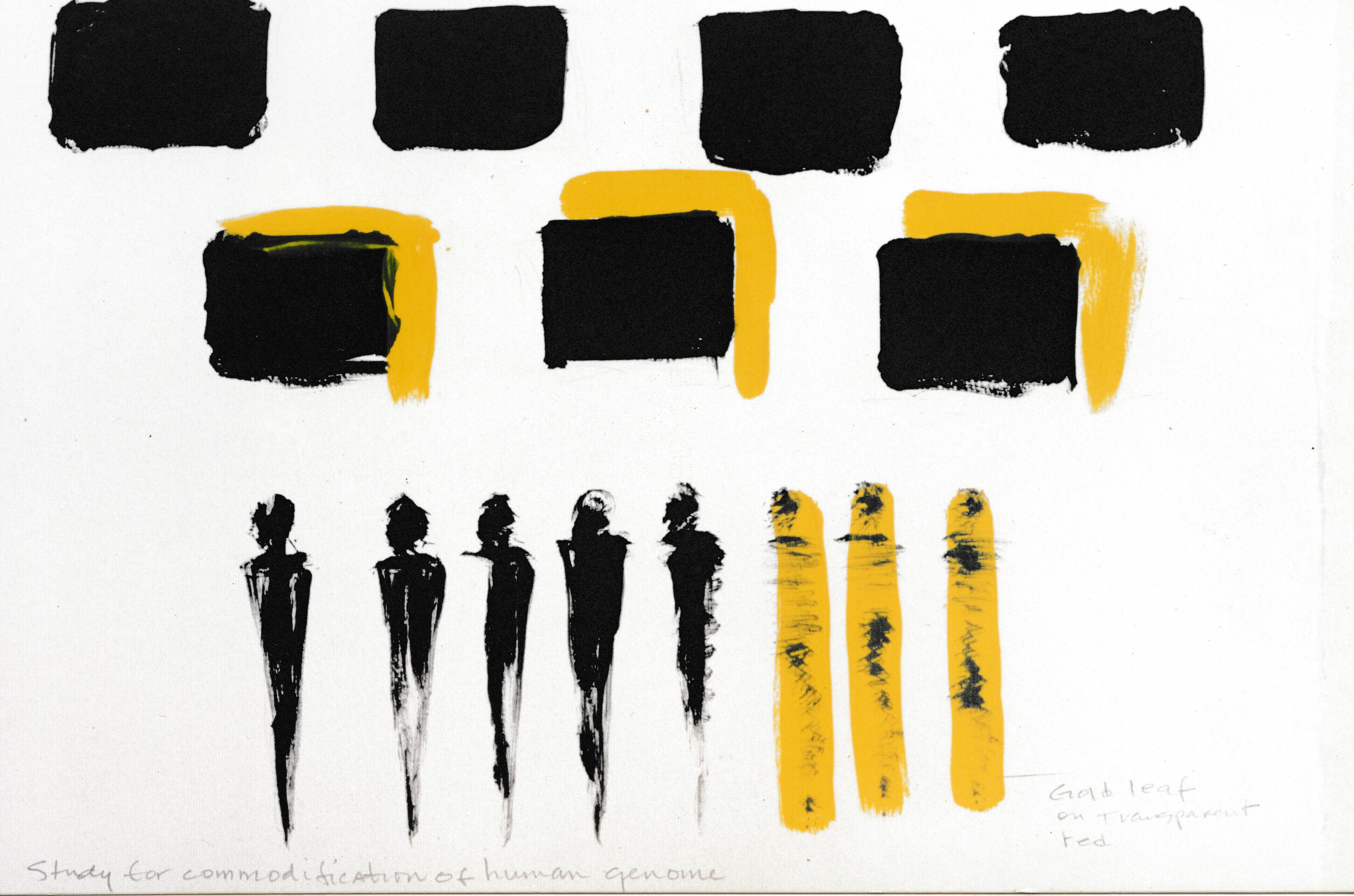 Abstract composition featuring black rectangular forms, small standing figures, and yellow vertical shapes arranged in a grid-like pattern.