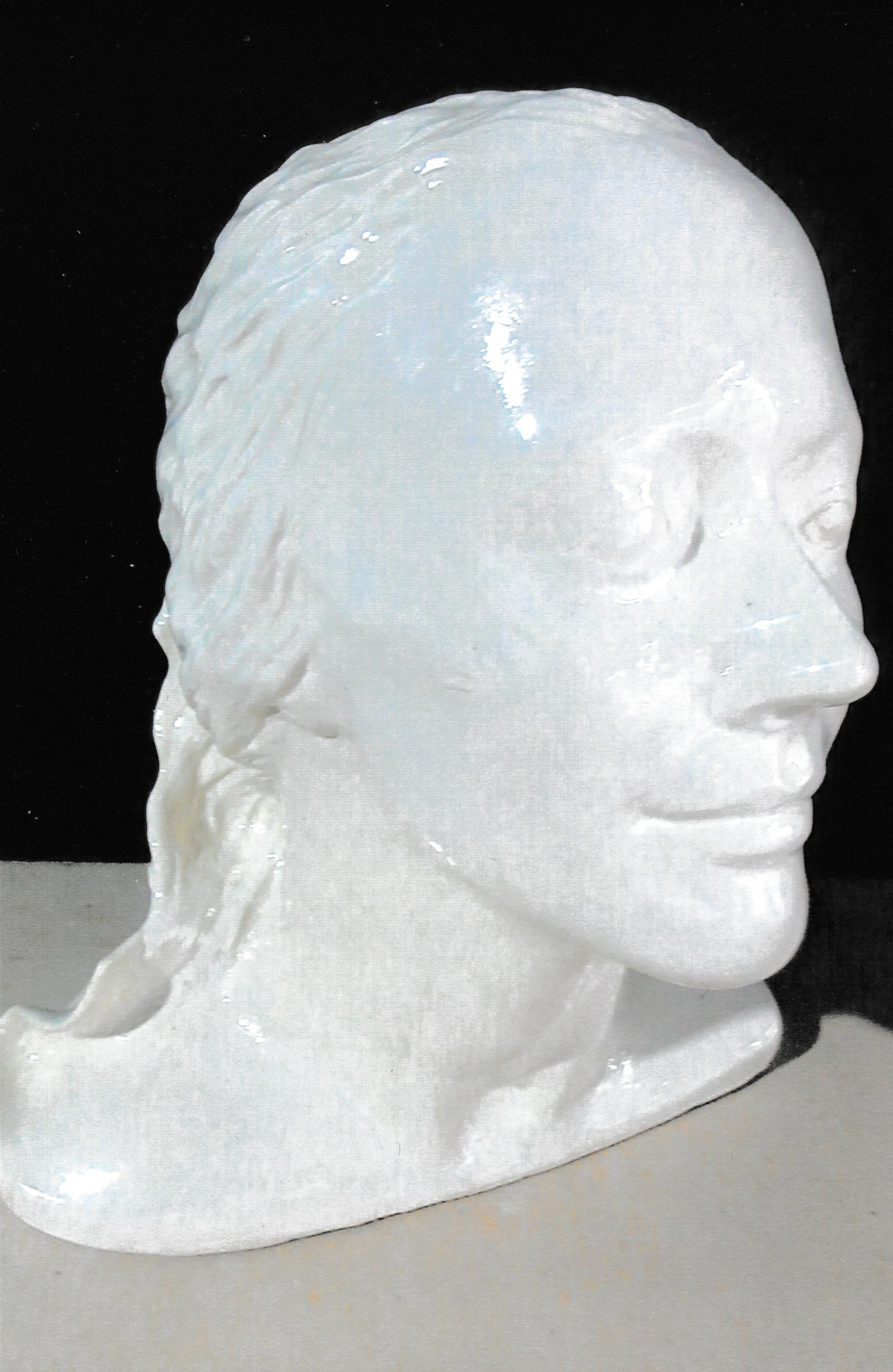 Side profile of a ceramic life mask bust, revealing flowing hair tucked behind the ear and a delicately modeled jawline.