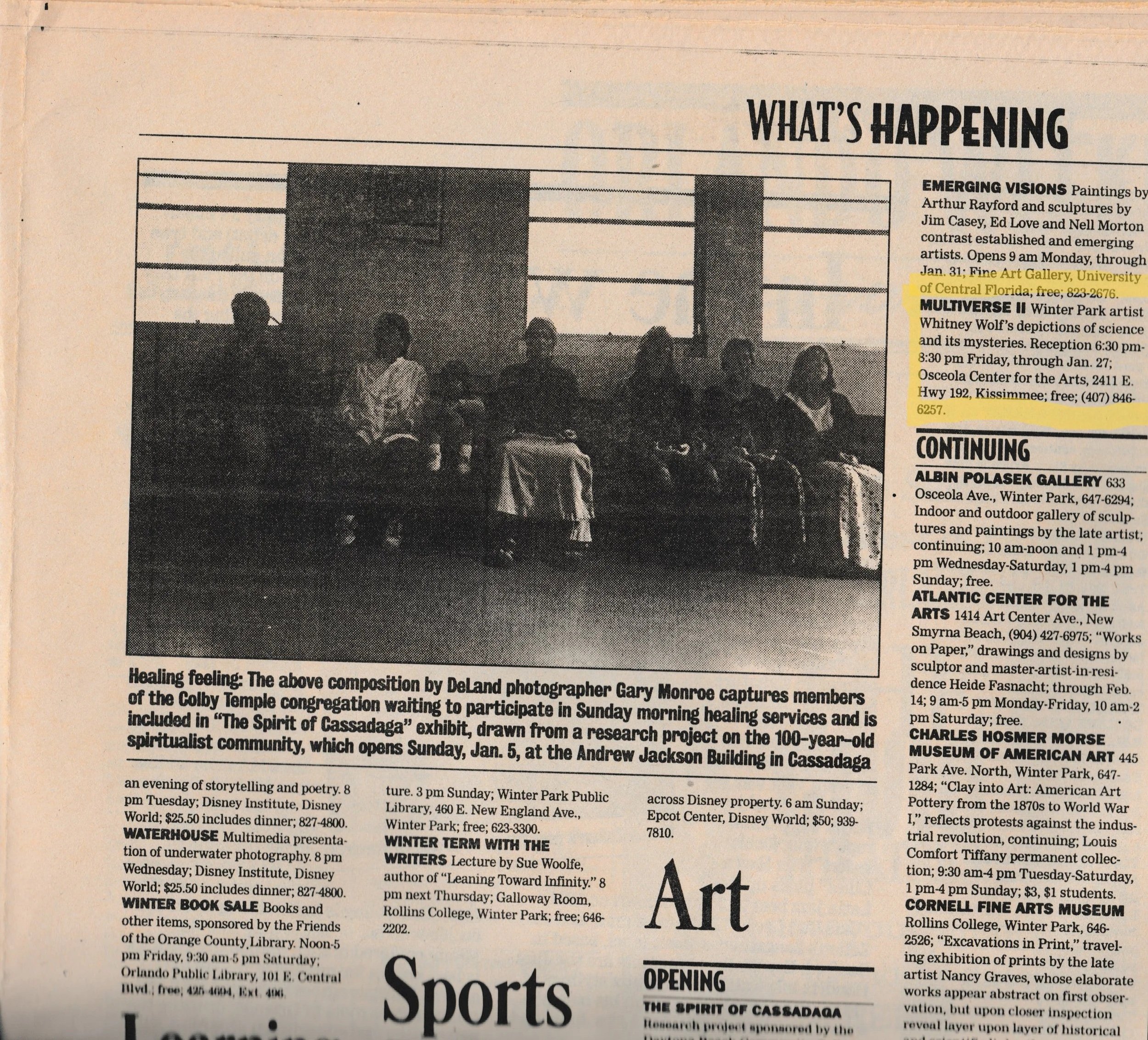 A section of a newspaper page showing black-and-white images and text about upcoming art and cultural events, including an exhibit at the Fine Art Gallery and a sculpture exhibit at Osceola Center for the Arts.
