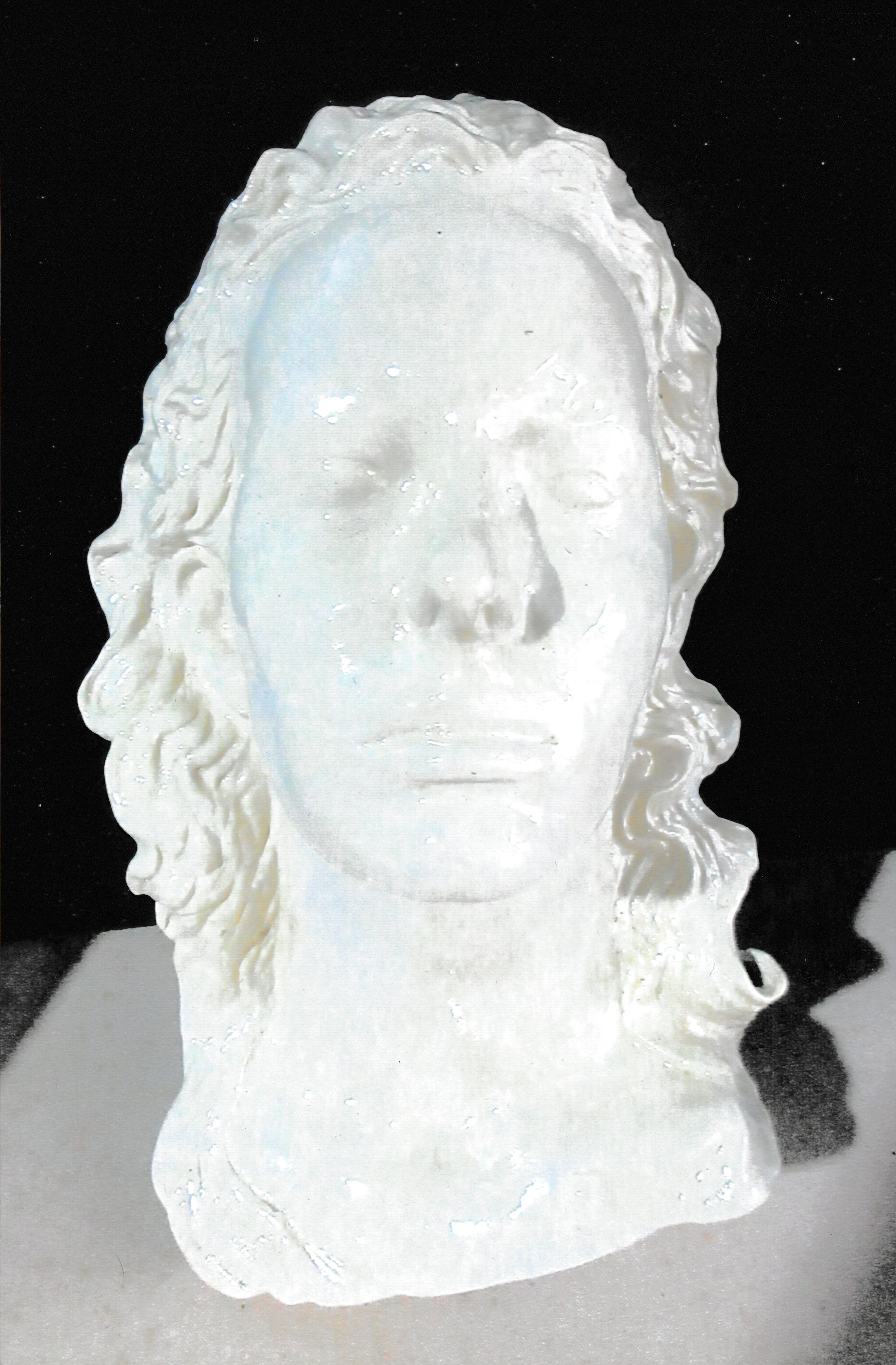 Ceramic life cast bust of a woman with curly hair and a calm, meditative expression.