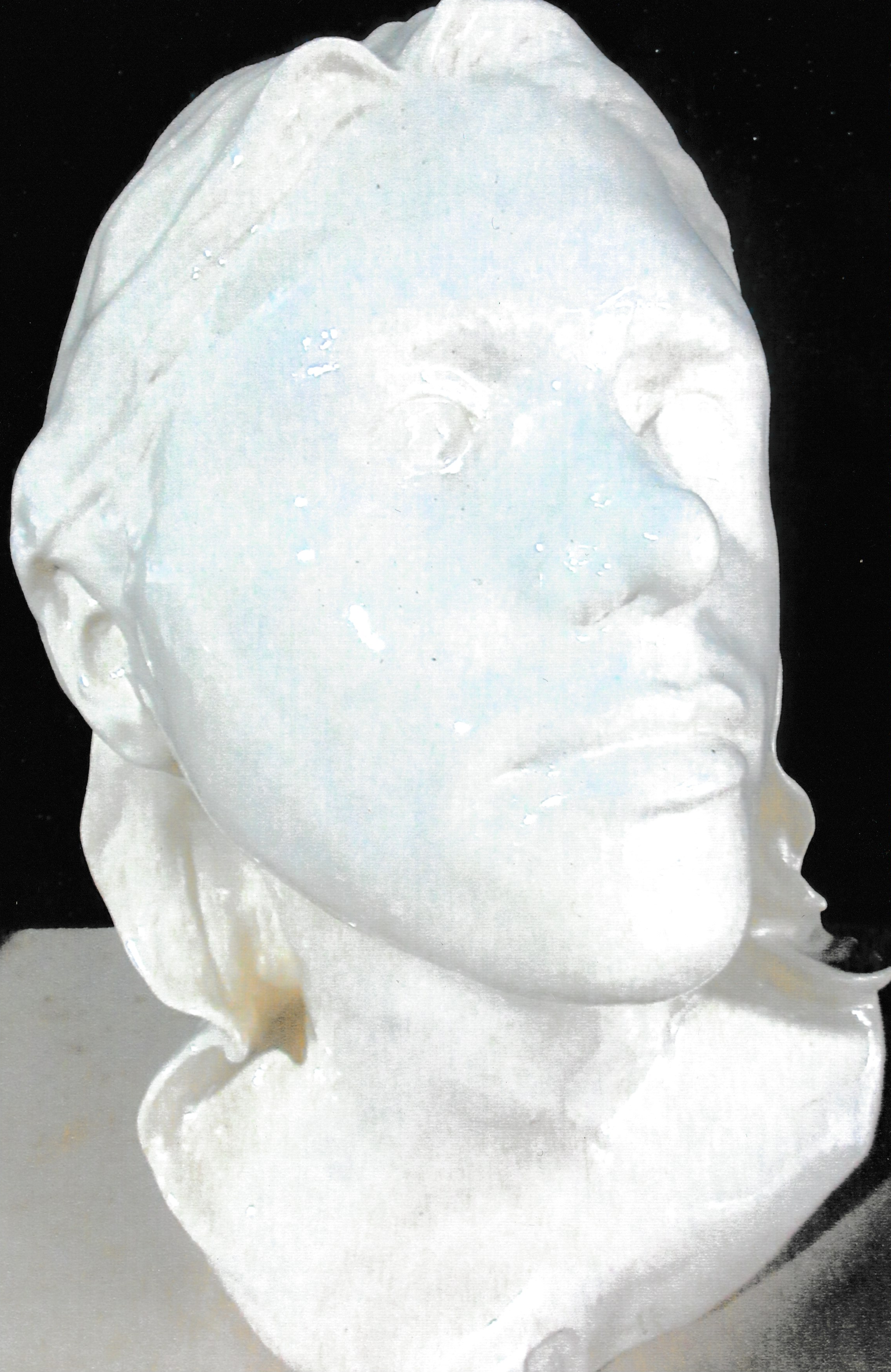 Ceramic life cast portrait with face angled upward, highlighting prominent cheekbones and an elongated neck.