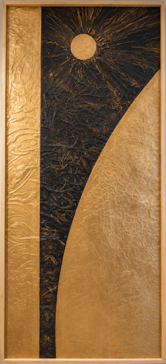 A radiant orb rises beside a sweeping golden planetary arc. Shown close up in a wooden frame.