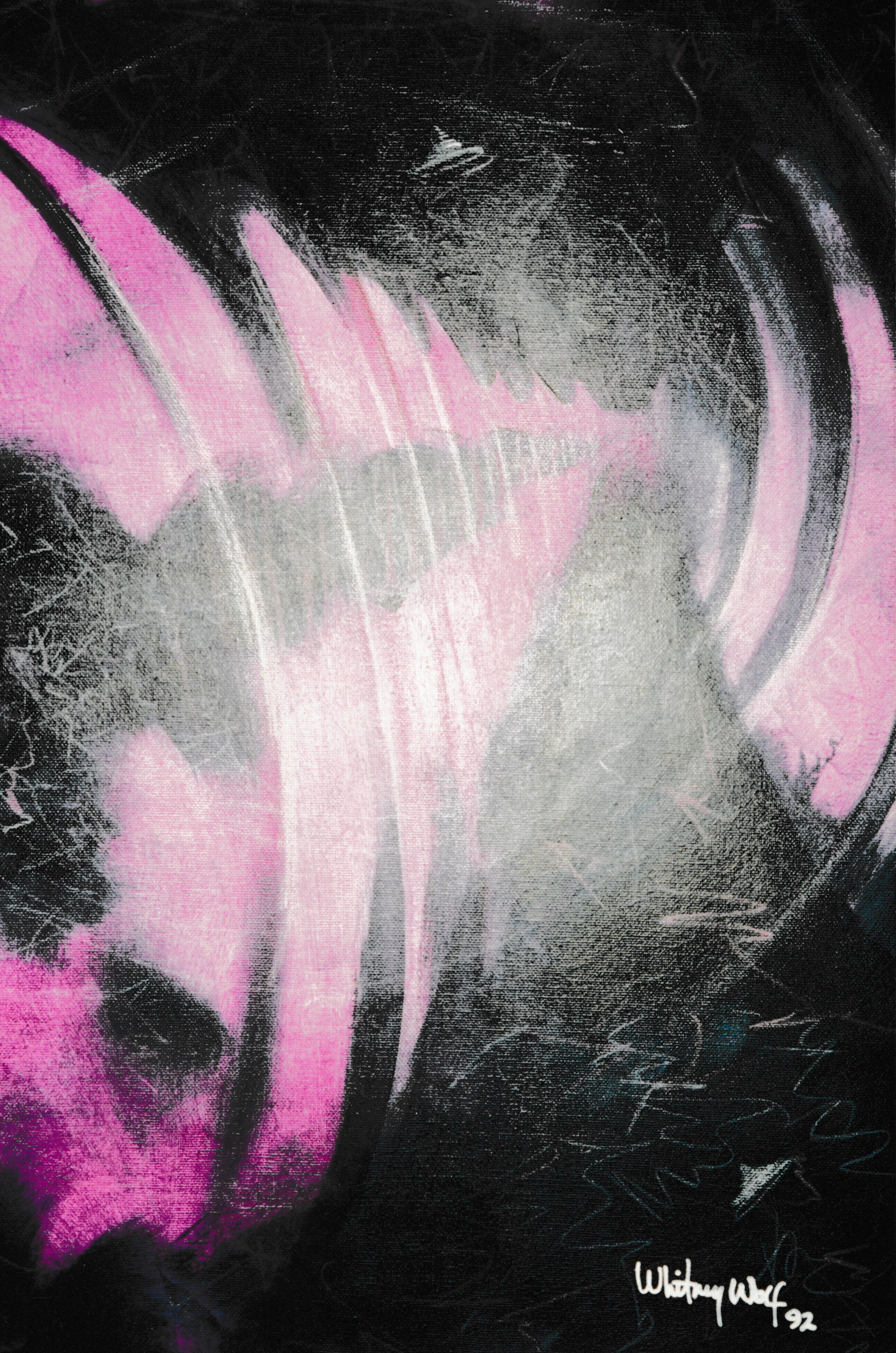 Abstract composition of white and pink sweeping forms against a black background.
