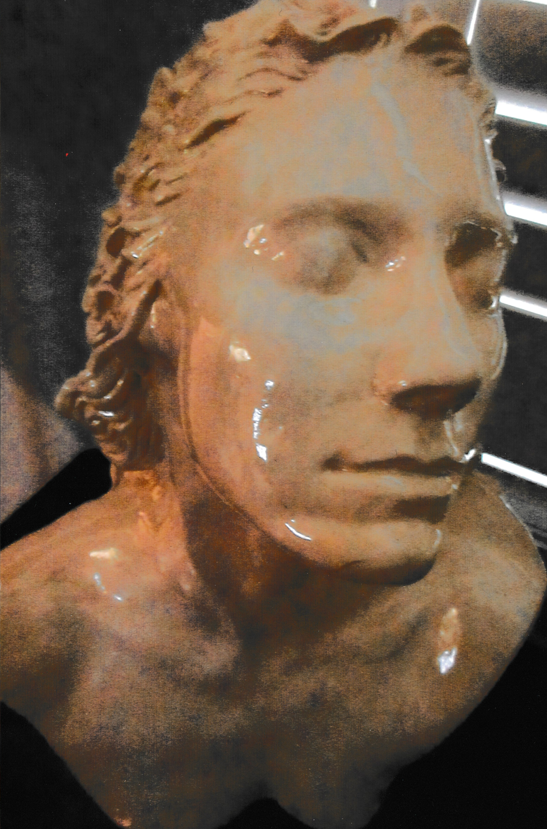 Ceramic portrait bust of a woman with textured hair and a contemplative downward gaze.