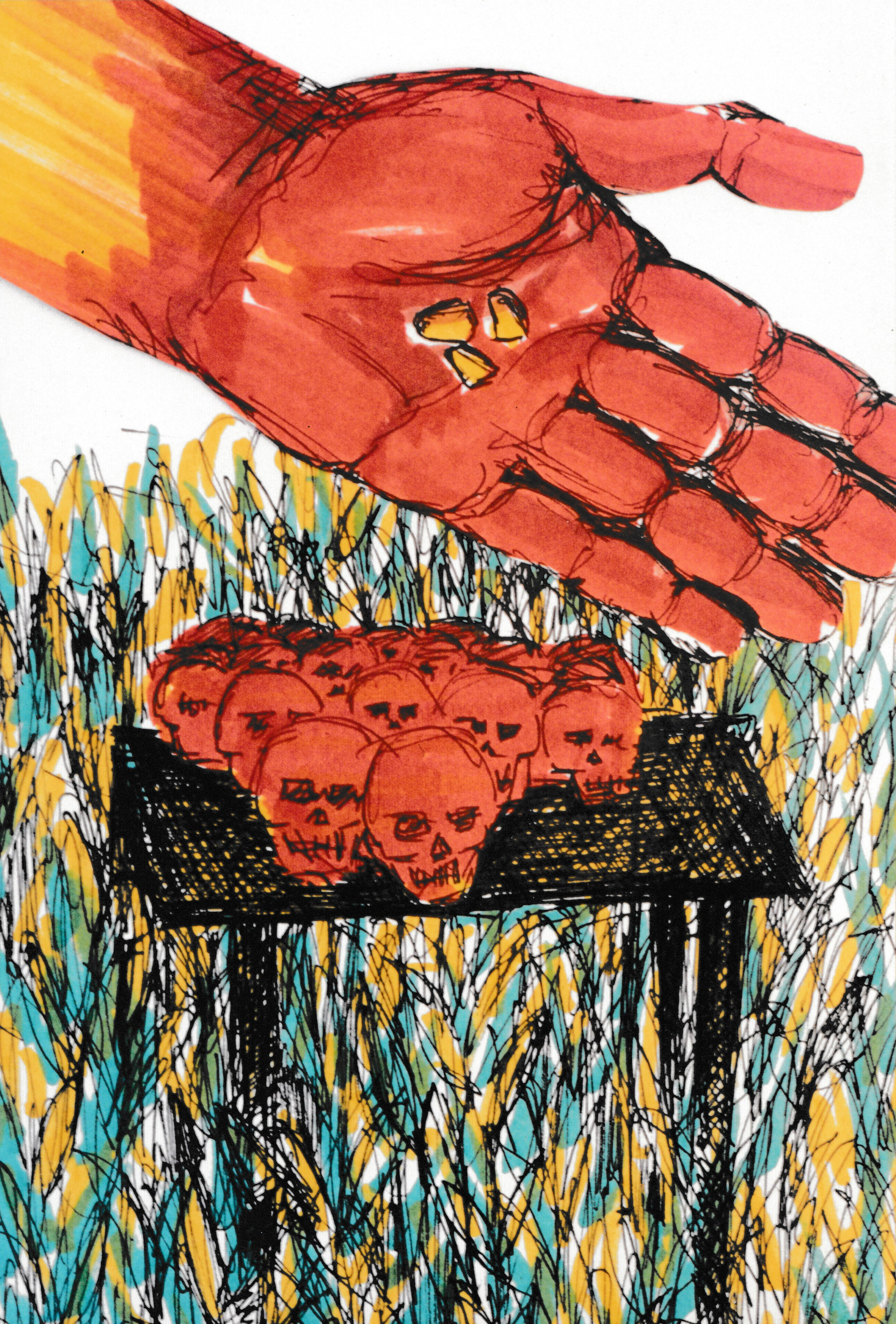 Red hand holding small kernals of corn above a container filled with miniature skulls set within tall grasses.