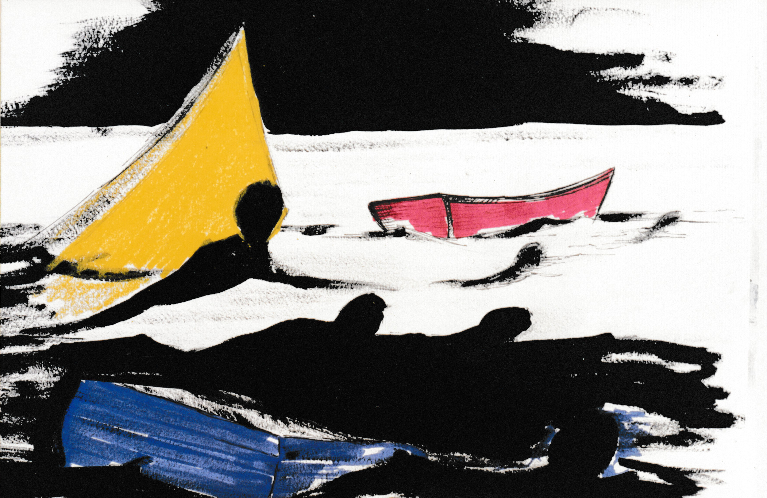 Dark figures in the water beside a yellow sinking boat and a red lifeboat floating in the distance, painted with bold black and white contrasts.