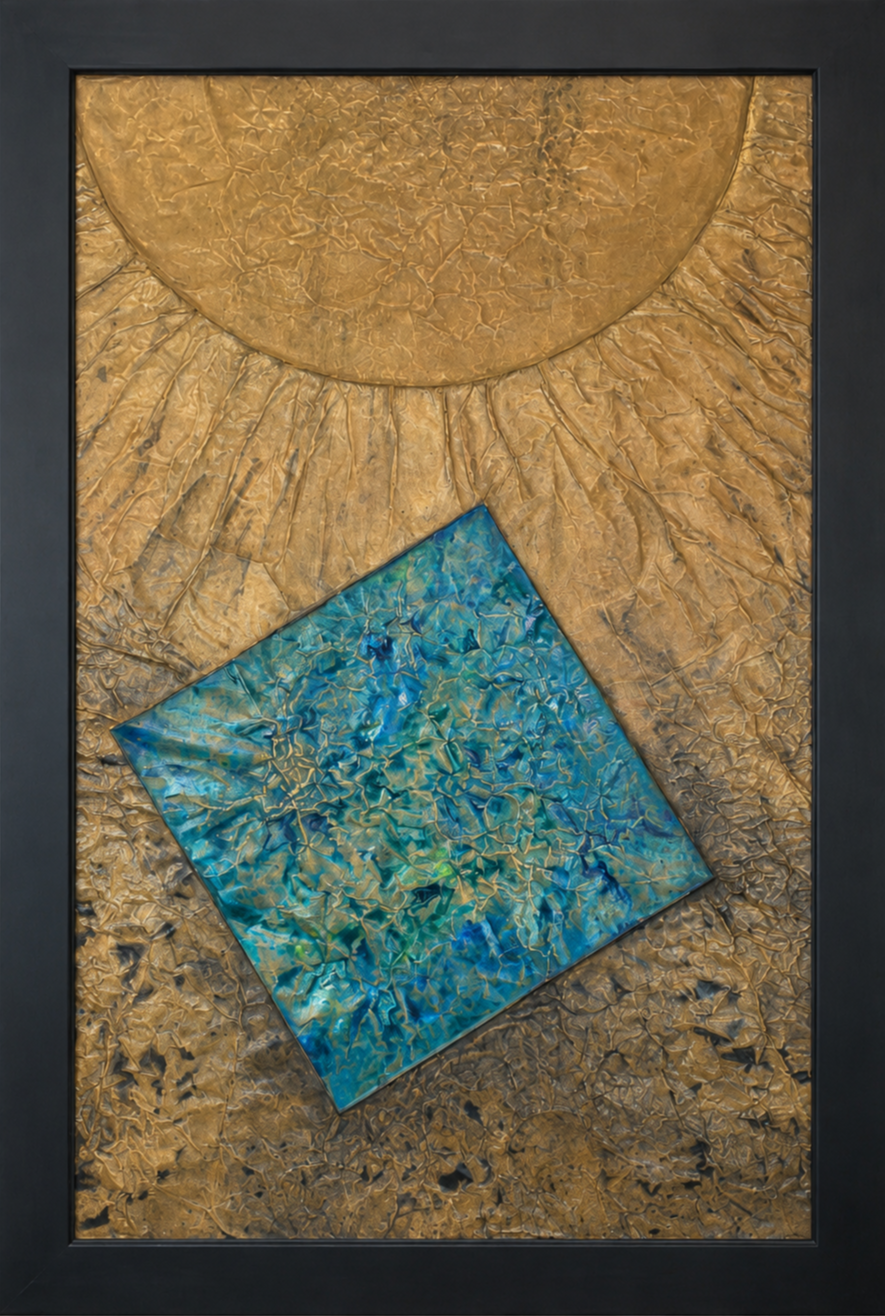 A textured metallic composition featuring a large golden celestial form radiating above a tilted blue square. Shown close up in a black frame.