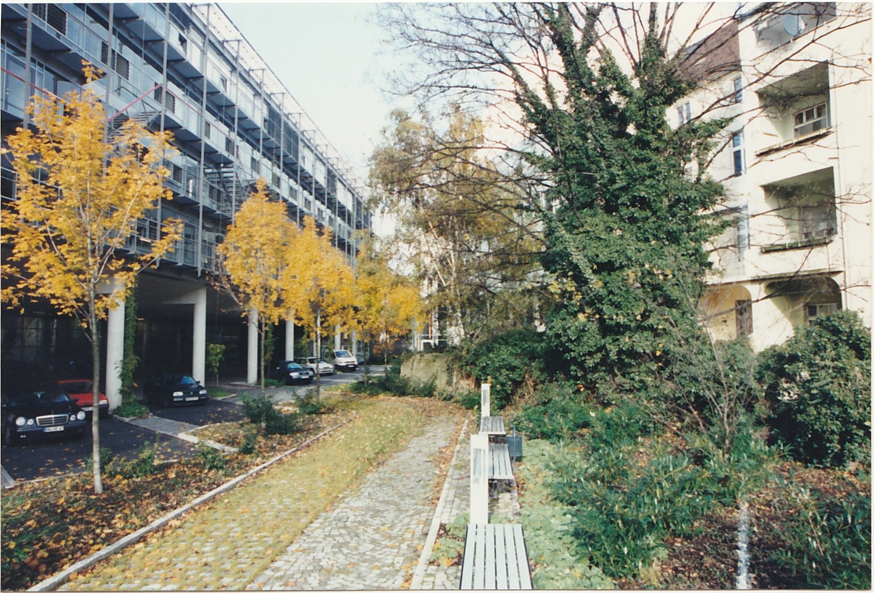 Apartment courtyard filled with greenery and golden autumn foliage.
