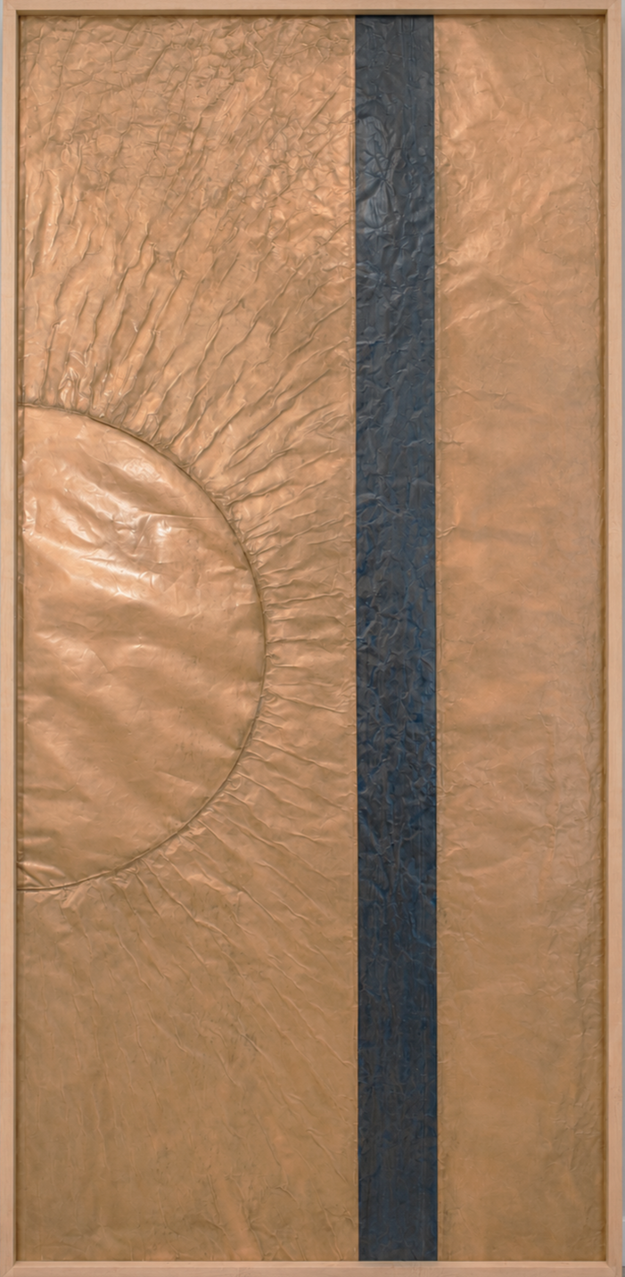 A golden orb intersects a dark vertical band. Shown close up in a wooden frame.