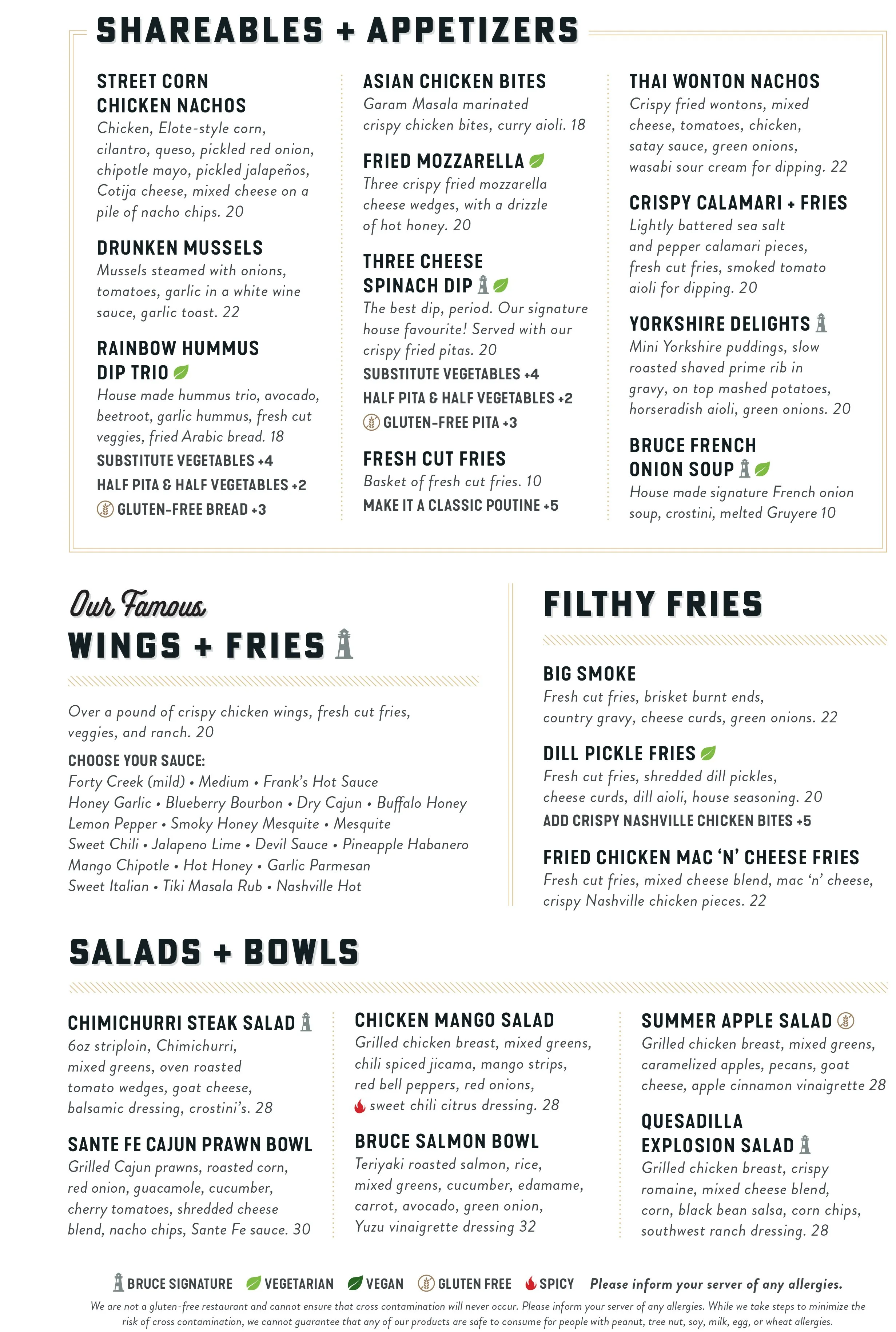 Menu of shareables, appetizers, wings, fries, salads, and bowls with items like street corn chicken nachos, Asian chicken bites, Thai wonton nachos, crispy calamari, Yorkshire delights, French onion soup, Nashville chicken bites, fried chicken mac 'n