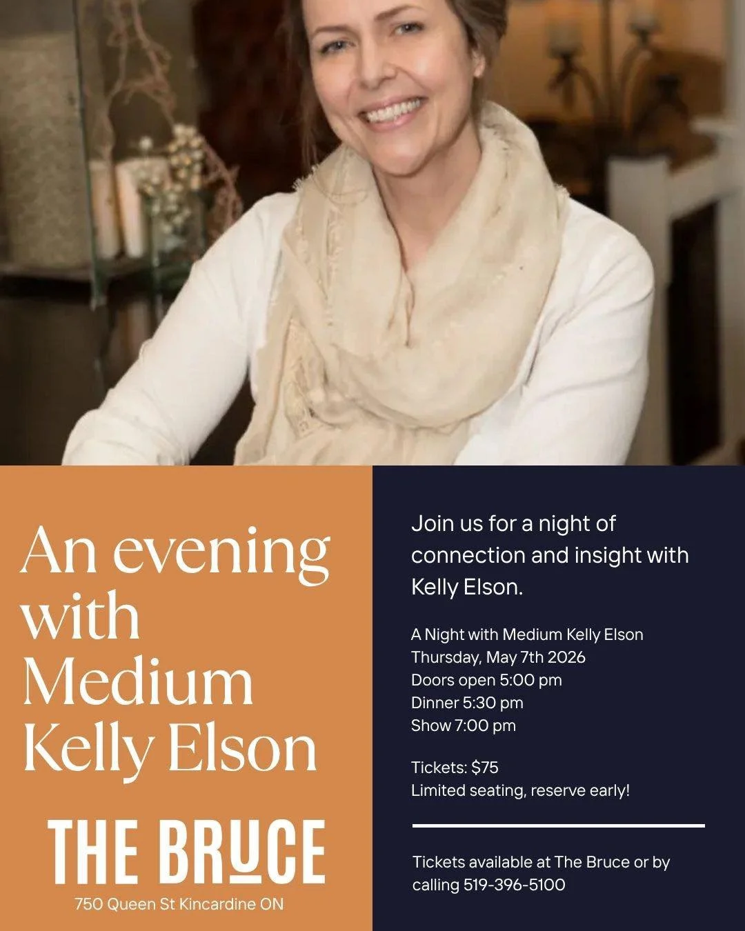 Flyer for an event titled "An evening with Medium Kelly Elson" with a photo of Kelly Elson smiling, sitting at a table. Details include date, time, location, ticket price, and contact information.