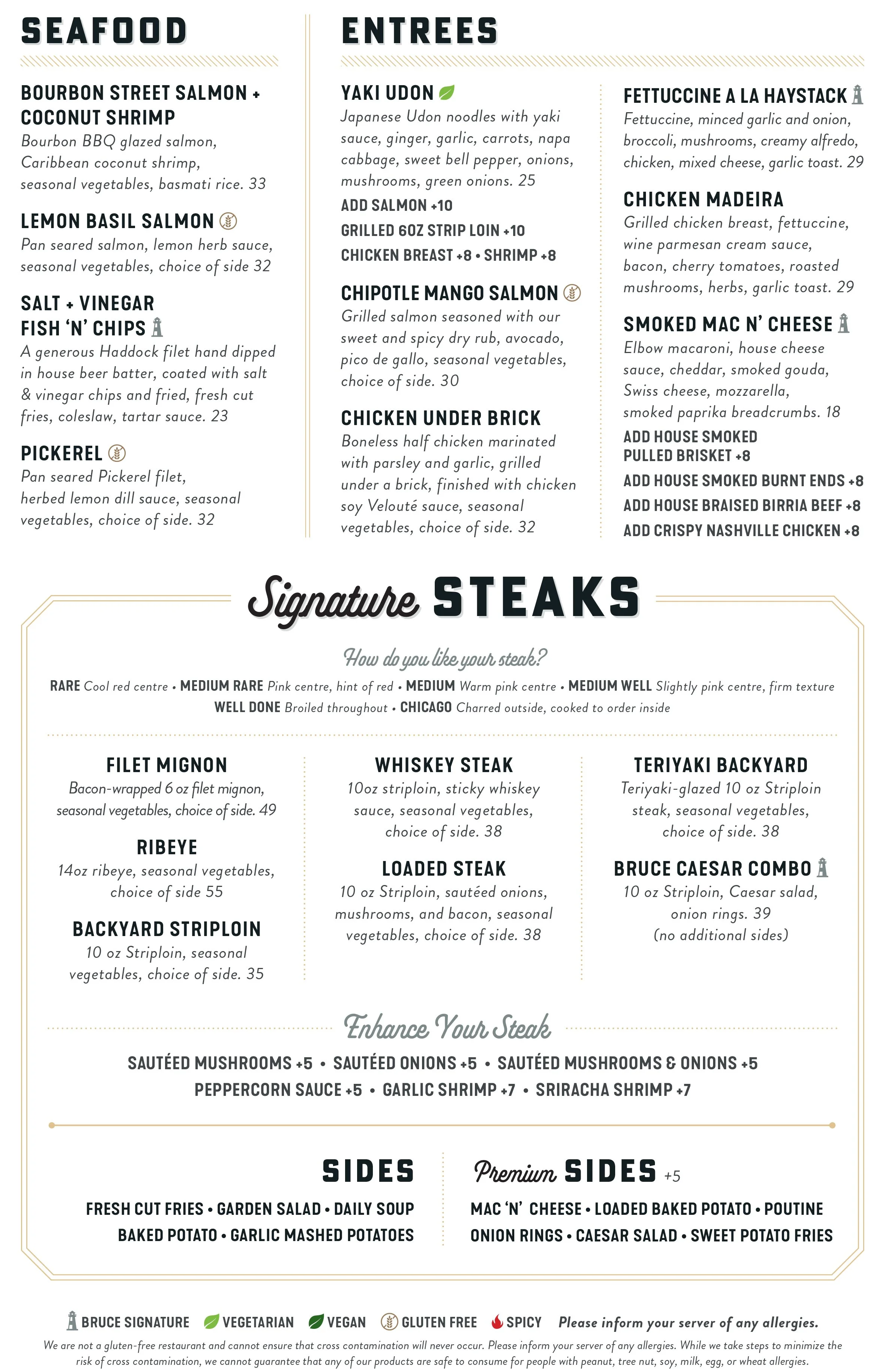 The menu lists various seafood, entrees, steak options, and sides with prices, including bourbon street salmon and coconut shrimp, Japanese udon, and grilled steak choices.
