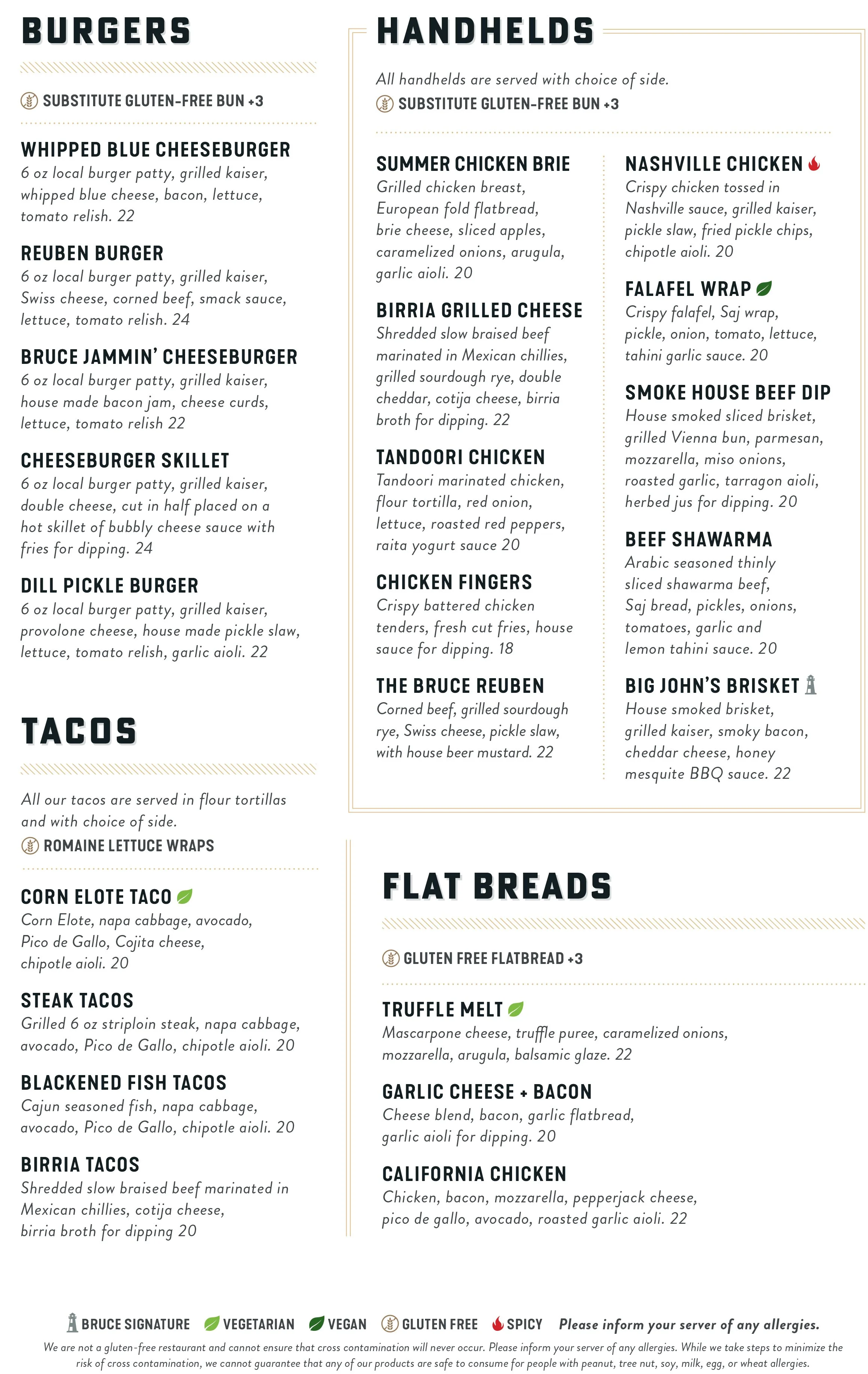Restaurant menu featuring burgers, sliders, tacos, and flatbreads with descriptions, prices, and icons indicating vegetarian, vegan, gluten-free, and spicy options.