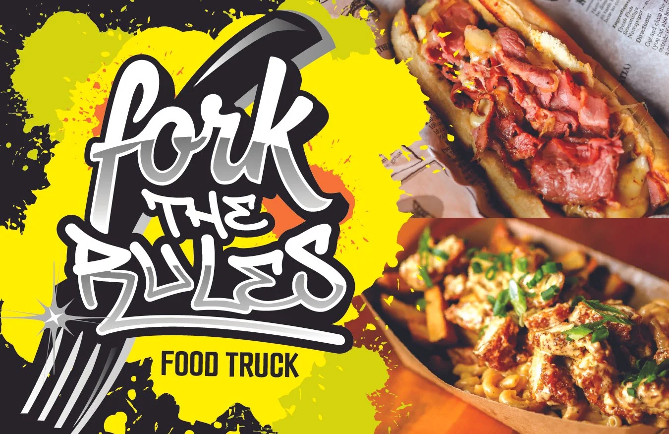 Fork the Rules food truck advertisement and images of two loaded sandwiches, one filled with meat and the other with seasoned chicken, pasta and garnished with green onions.