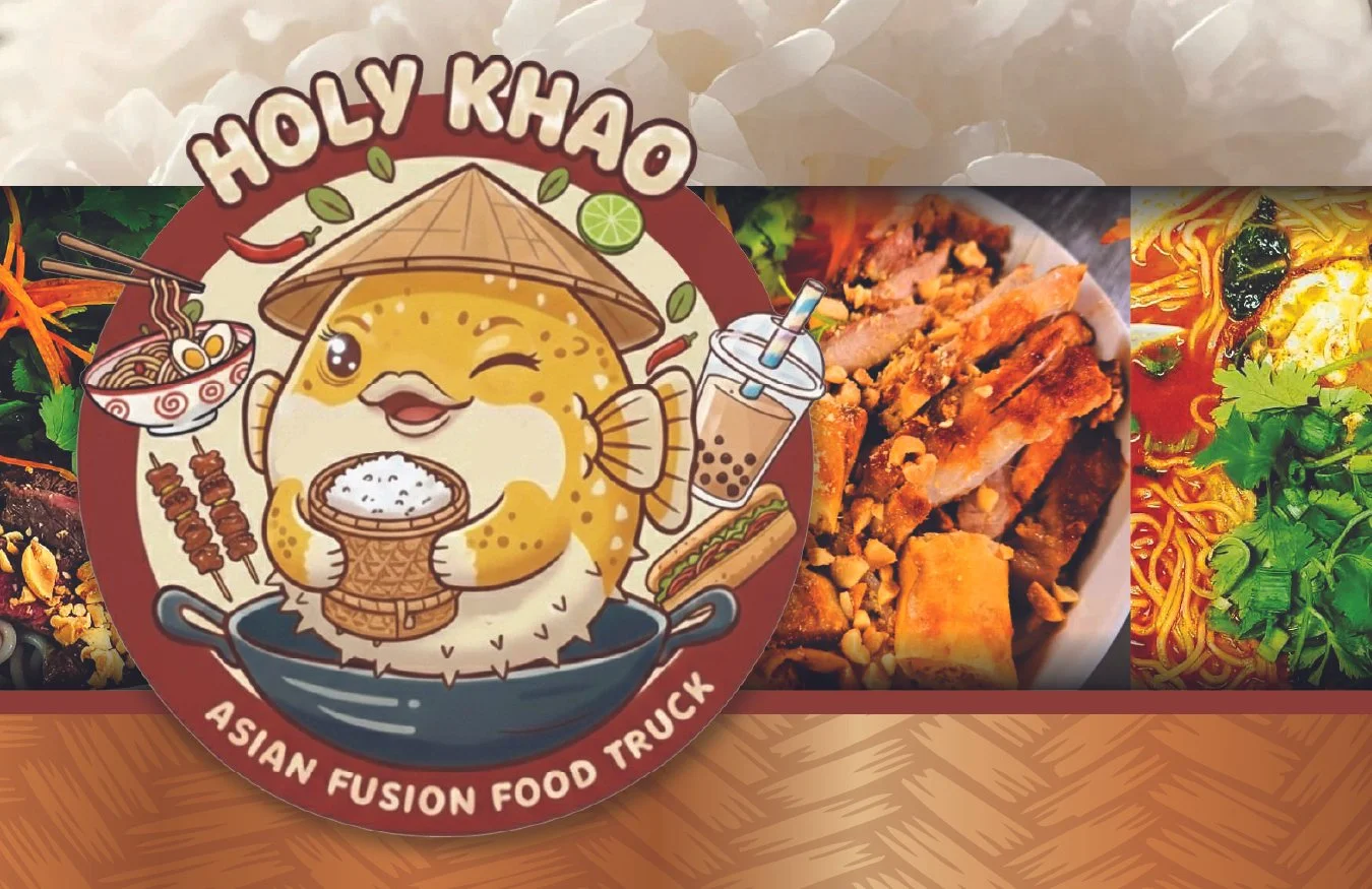 Holy Khao Asian Fusion Food Truck advertisement featuring various menu items.