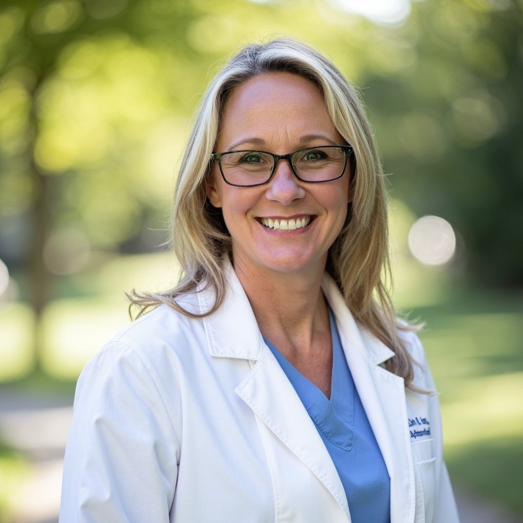 A smiling woman with blonde hair, glasses, wearing a white lab coat and blue scrubs, outdoors with trees and sunlight in the background.