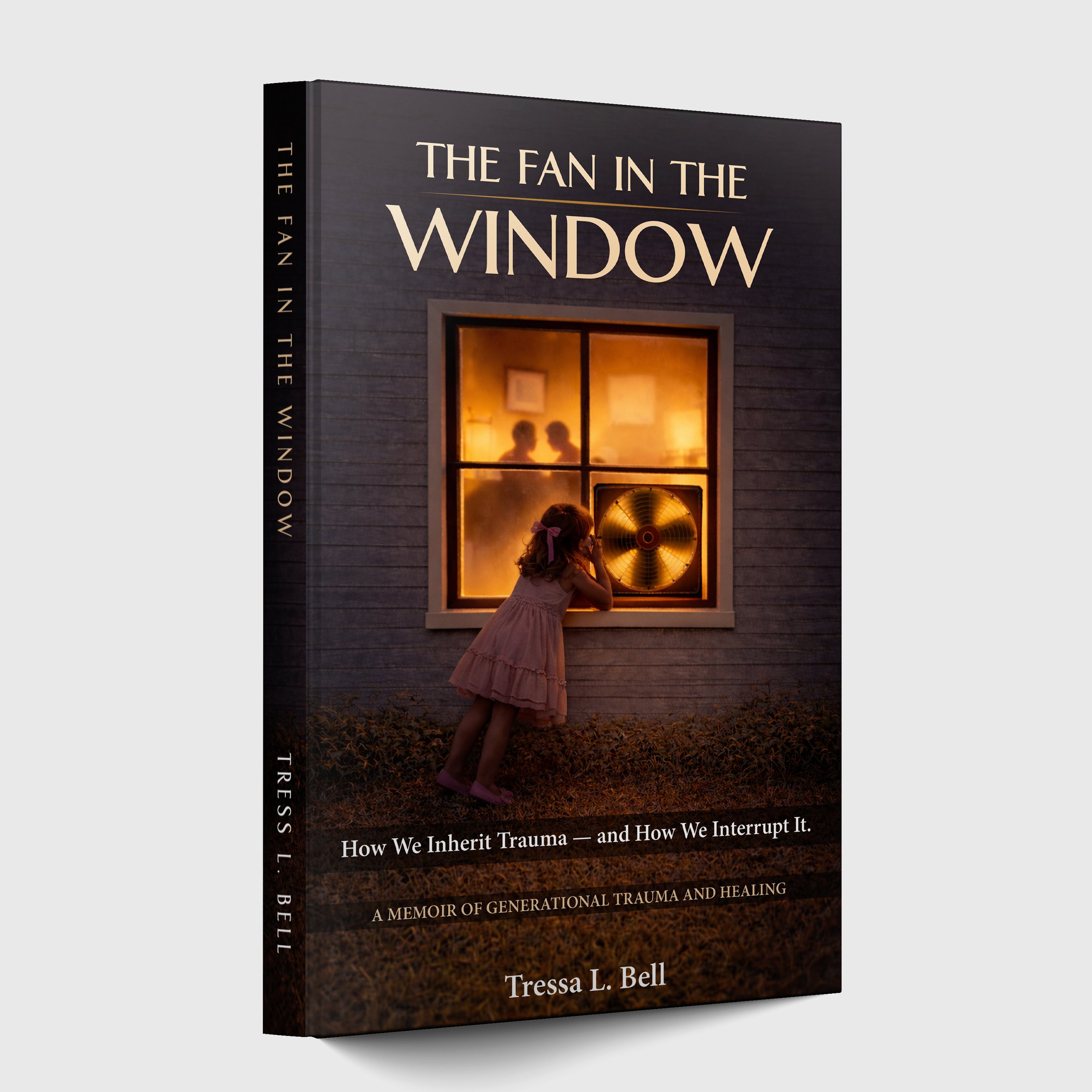 Book cover titled "The Fan in the Window" with an image of a young girl in a pink dress and pink shoes, leaning on a window sill of a gray house at sunset, with a golden fan in the window and two blurred figures inside.