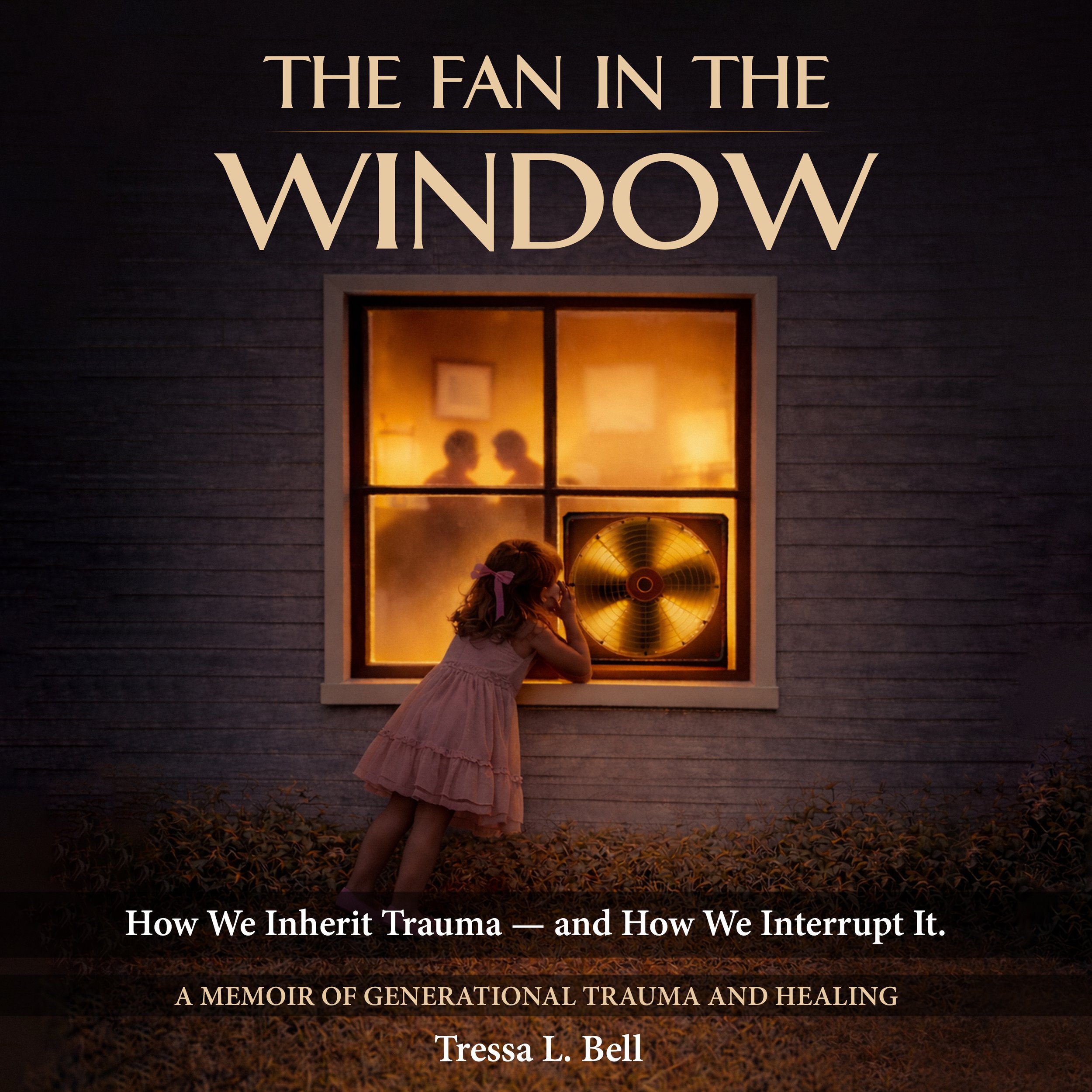 Cover of a book titled 'The Fan in the Window' showing a young girl peering into a house through a window with a golden fan and two silhouettes inside.