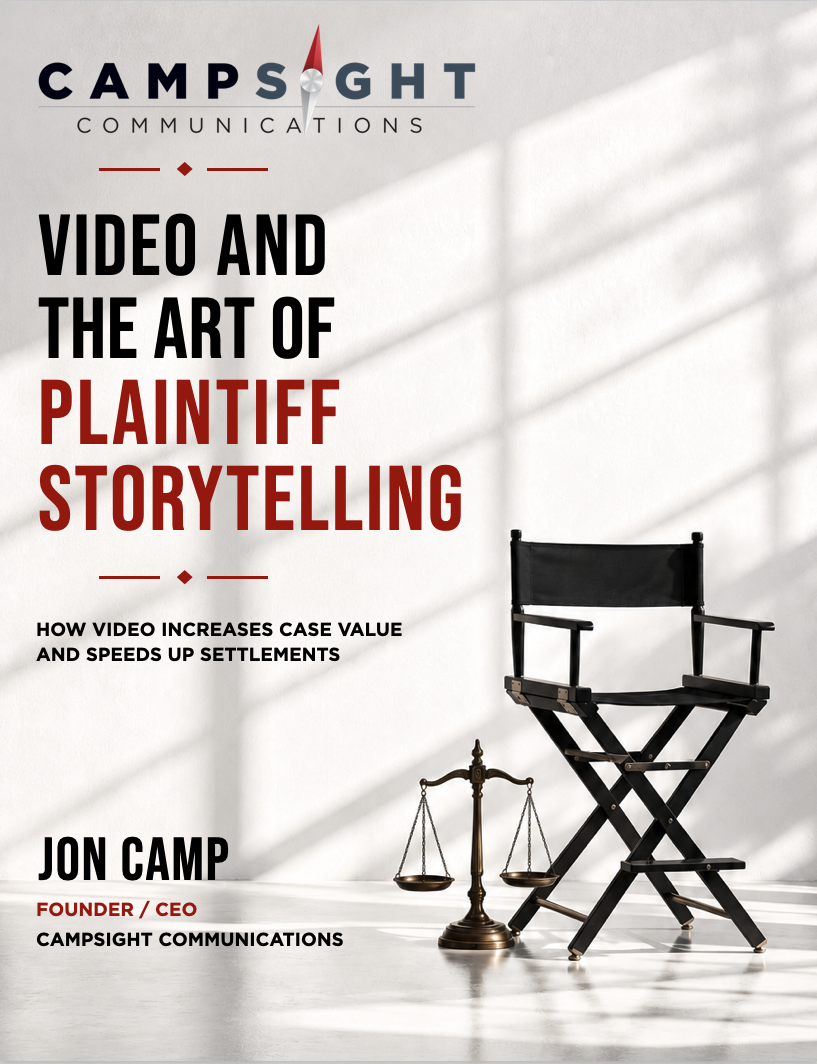 Book cover with title "Video and the Art of Plaintiff Storytelling" by Jon Camp, featuring a director's chair, a balance scale, promoting communications and legal storytelling.