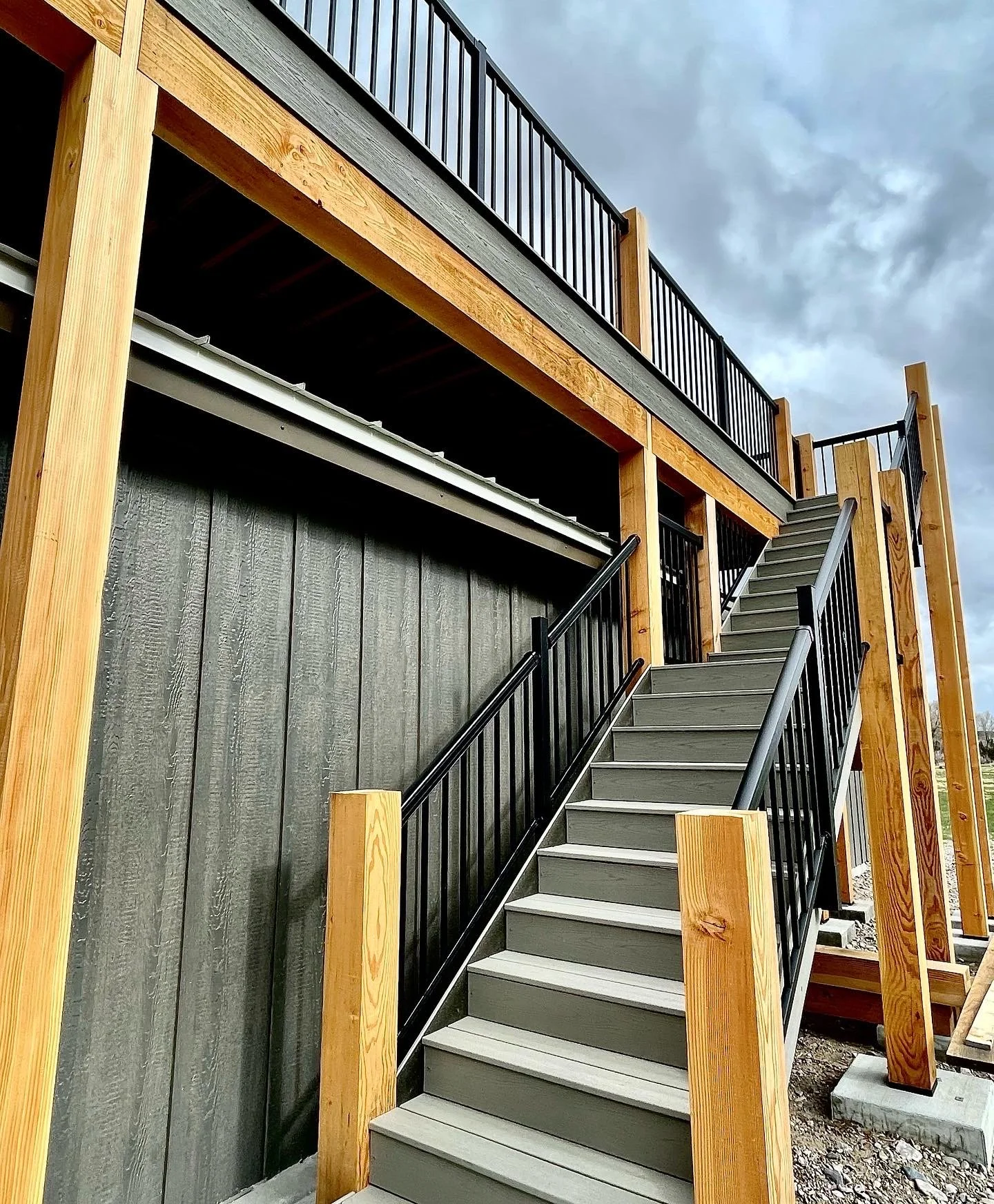 Custom staircase and exterior detail work — precision craftsmanship by Montana custom home builder Mihelich Custom Builders.