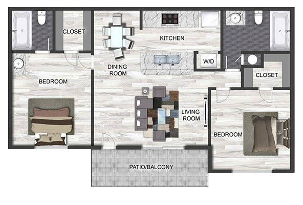 Floor plan of an apartment with two bedrooms, two bathrooms, a kitchen, dining room, living room, and a patio balcony.