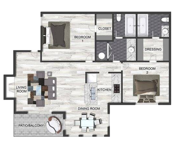 Floor plan of an apartment showing two bedrooms, a living room, kitchen, dining room, bathroom, dressing area, closet, and patio balcony.
