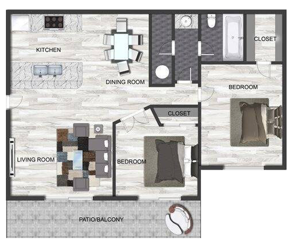 Floor plan of an apartment showing a kitchen, dining room, living room, patio/balcony, two bedrooms, bathroom, and closets.
