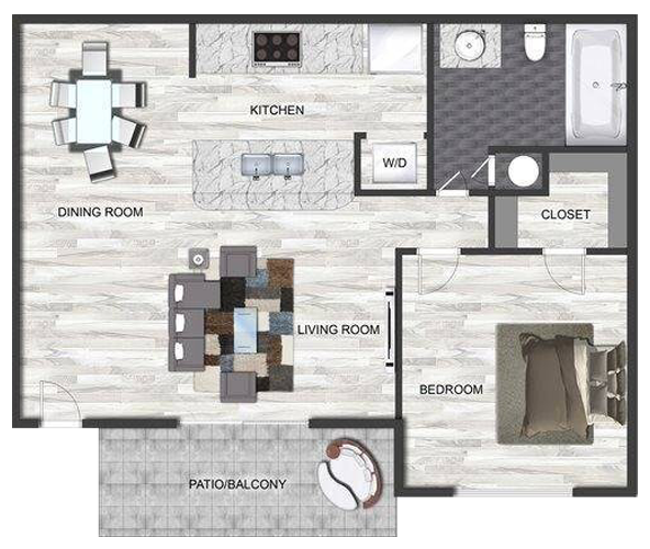 Floor plan of a one-bedroom apartment with a kitchen, dining room, living room, bedroom, bathroom, closet, laundry area, and patio/balcony.