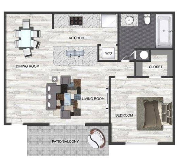 Floor plan of a one-bedroom apartment with a patio/balcony. The layout includes a dining room, kitchen with an island, living room with a rug and seating, bedroom with a bed, bathroom with a bathtub, toilet, and sink, a closet, and a washer/dryer area.
