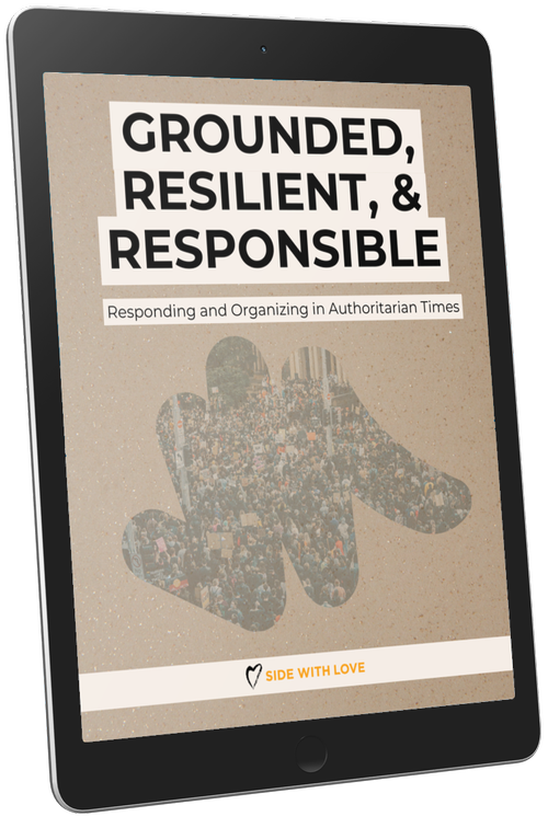 Tablet screen displaying a book cover titled "Grounded, Resilient, & Responsible" with subtitle "Responding and Organizing in Authoritarian Times." The cover features an abstract hand shape filled with a crowd of people, and a small heart icon with the text "Side with Love."