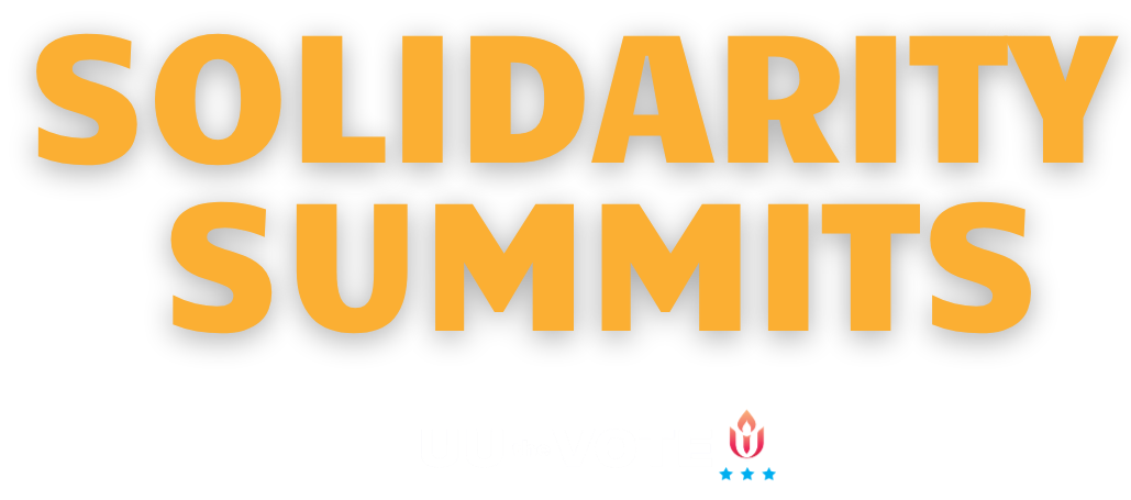 Text stating "Solidarity Summits" in large, bold, orange letters on a black background.