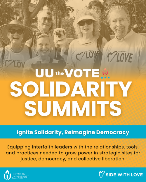 Group of diverse people smiling at a solidarity summit, holding a puppy, wearing t-shirts with 'LOVE' on them, outdoors under trees, with text overlay about the UU Vote Solidarity Summits and promoting justice, democracy, and collective liberation.
