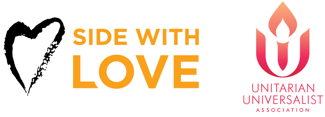 Logo featuring a stylized pink floral or flame shape with the text 'Side with Love' in orange, and 'Unitarian Universalist Association' in pink beneath it.