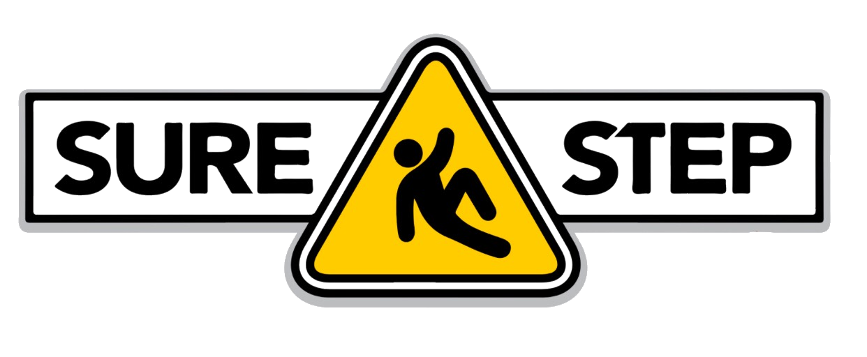 A traffic sign displaying the word 'SURE' on the left, 'STEP' on the right, and a yellow warning triangle in the center with a symbol of a person falling or slipping.