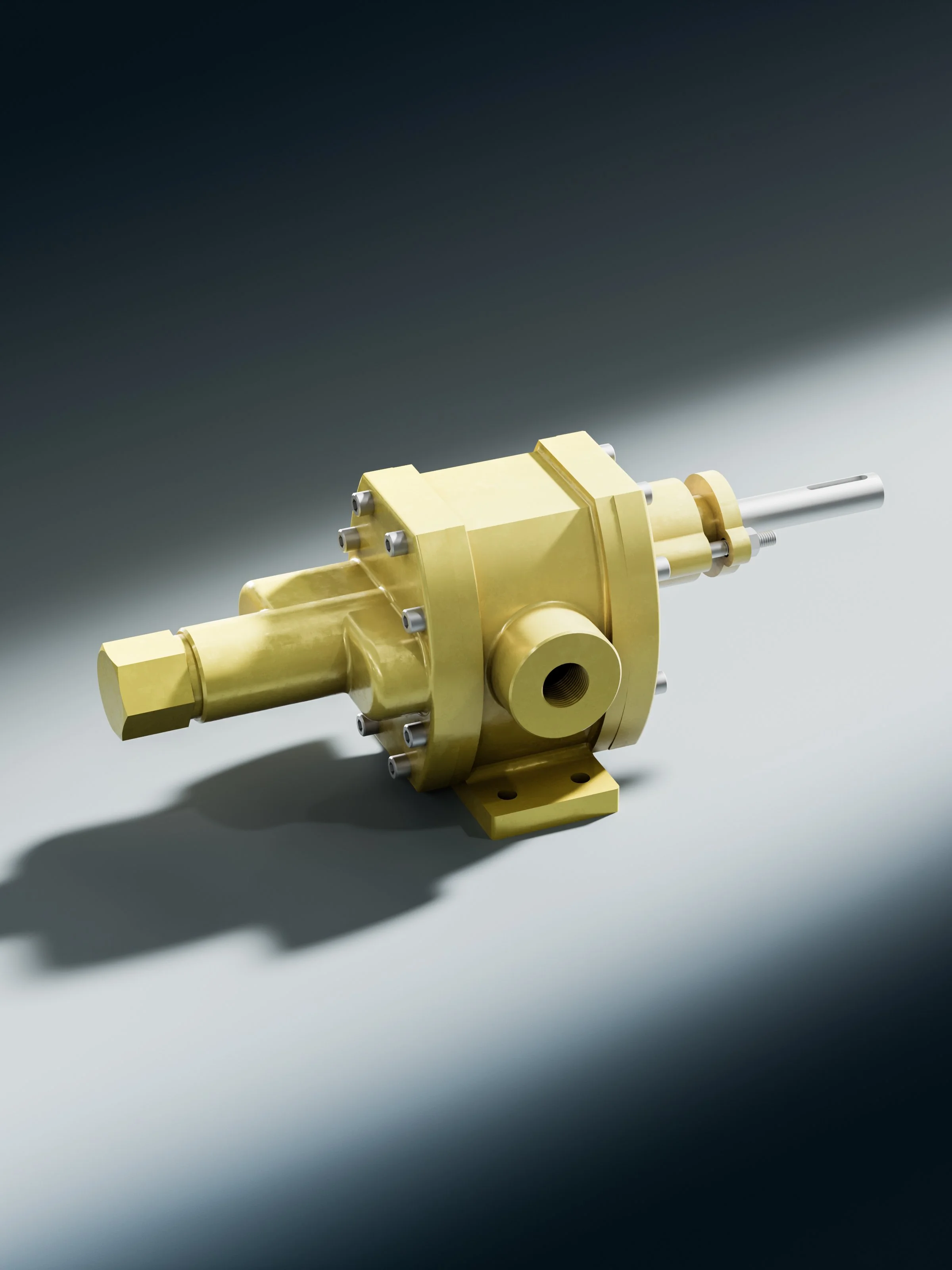A yellow, metallic, mechanical component with various protrusions and holes, positioned on a gray surface with a gradient background.